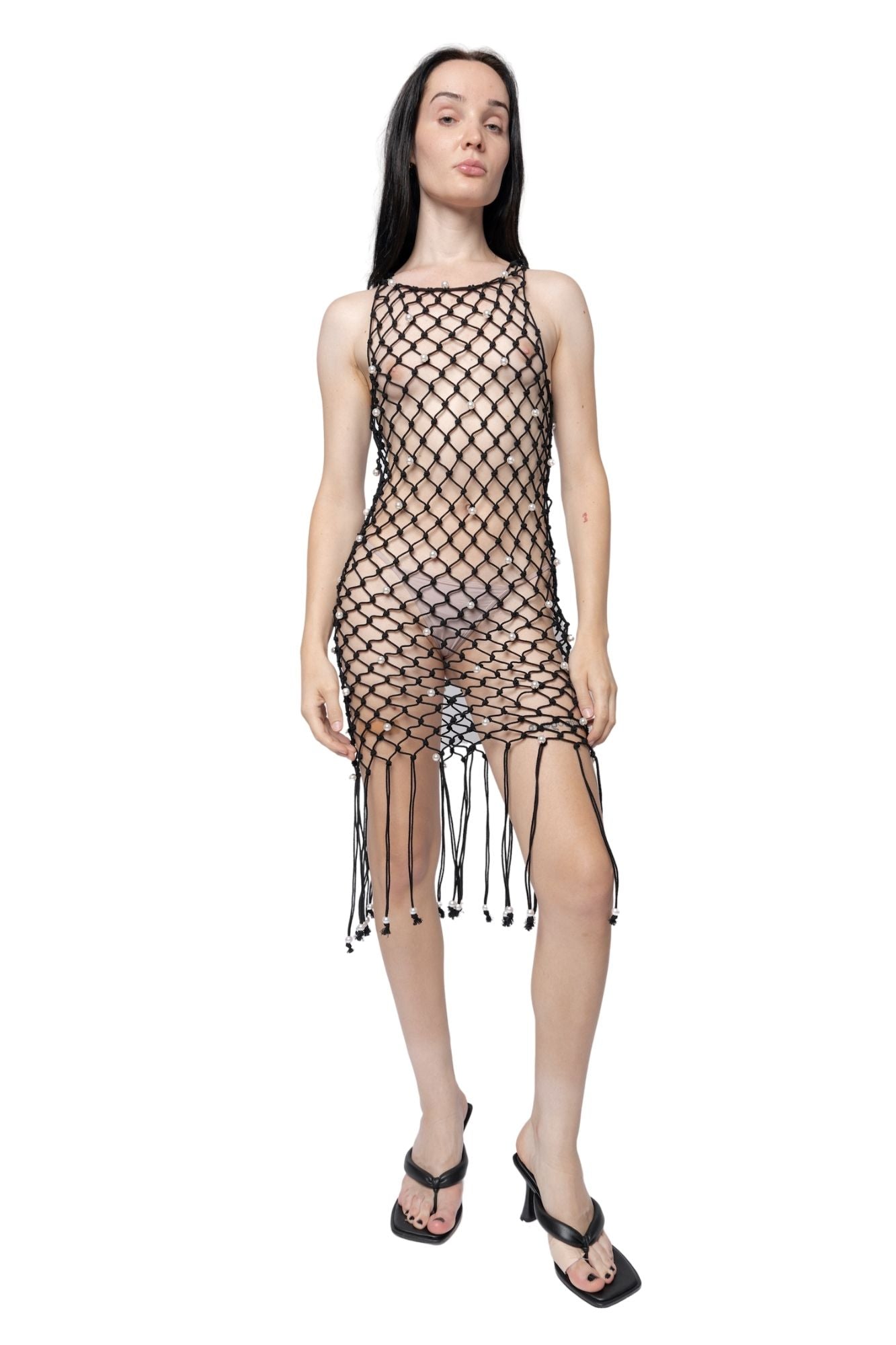 pearl mesh dress FANG NYC Pearl Macrame Square Neck Mini Dress In Black