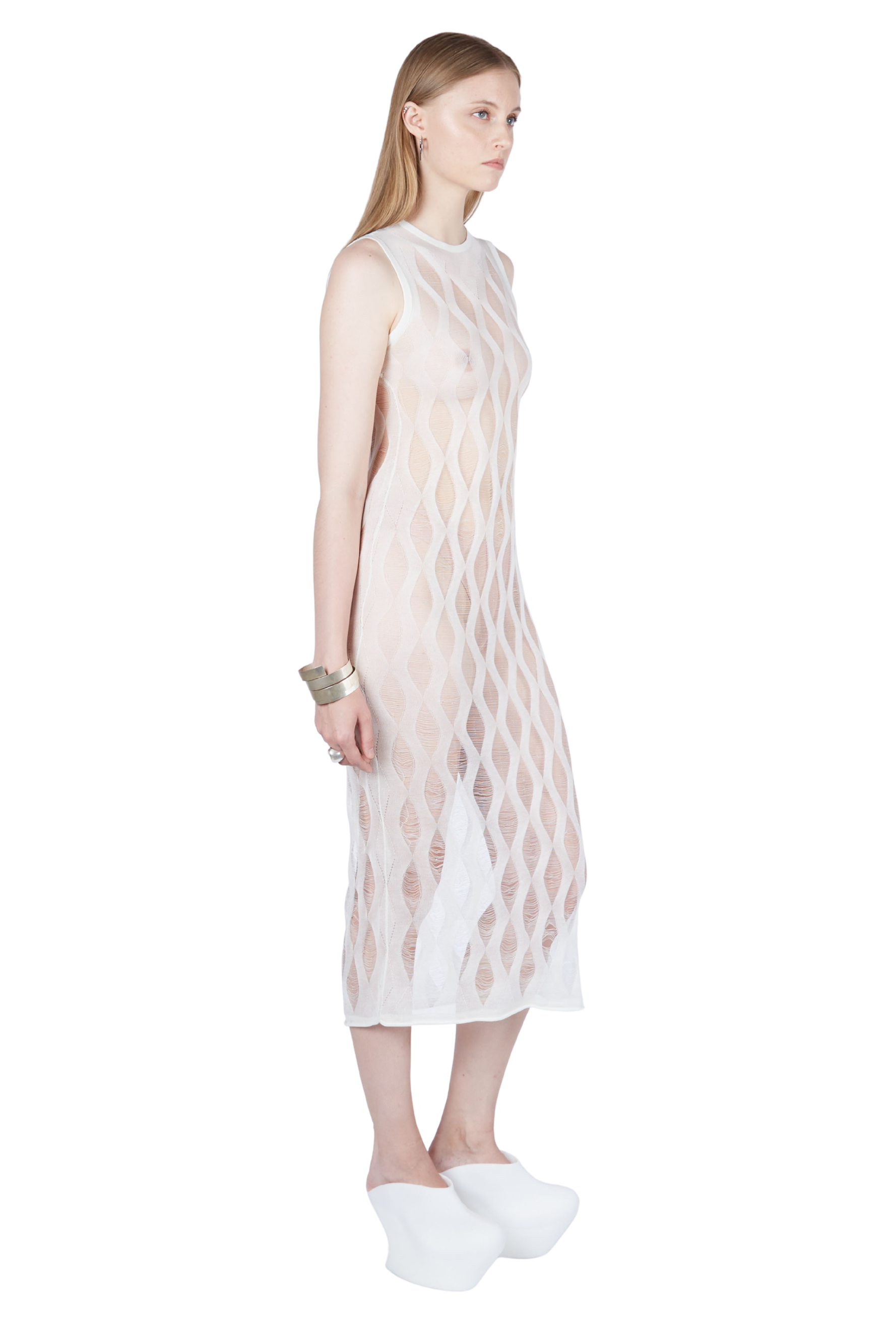 Diamond Ladder Stitch Sleeveless Dress White