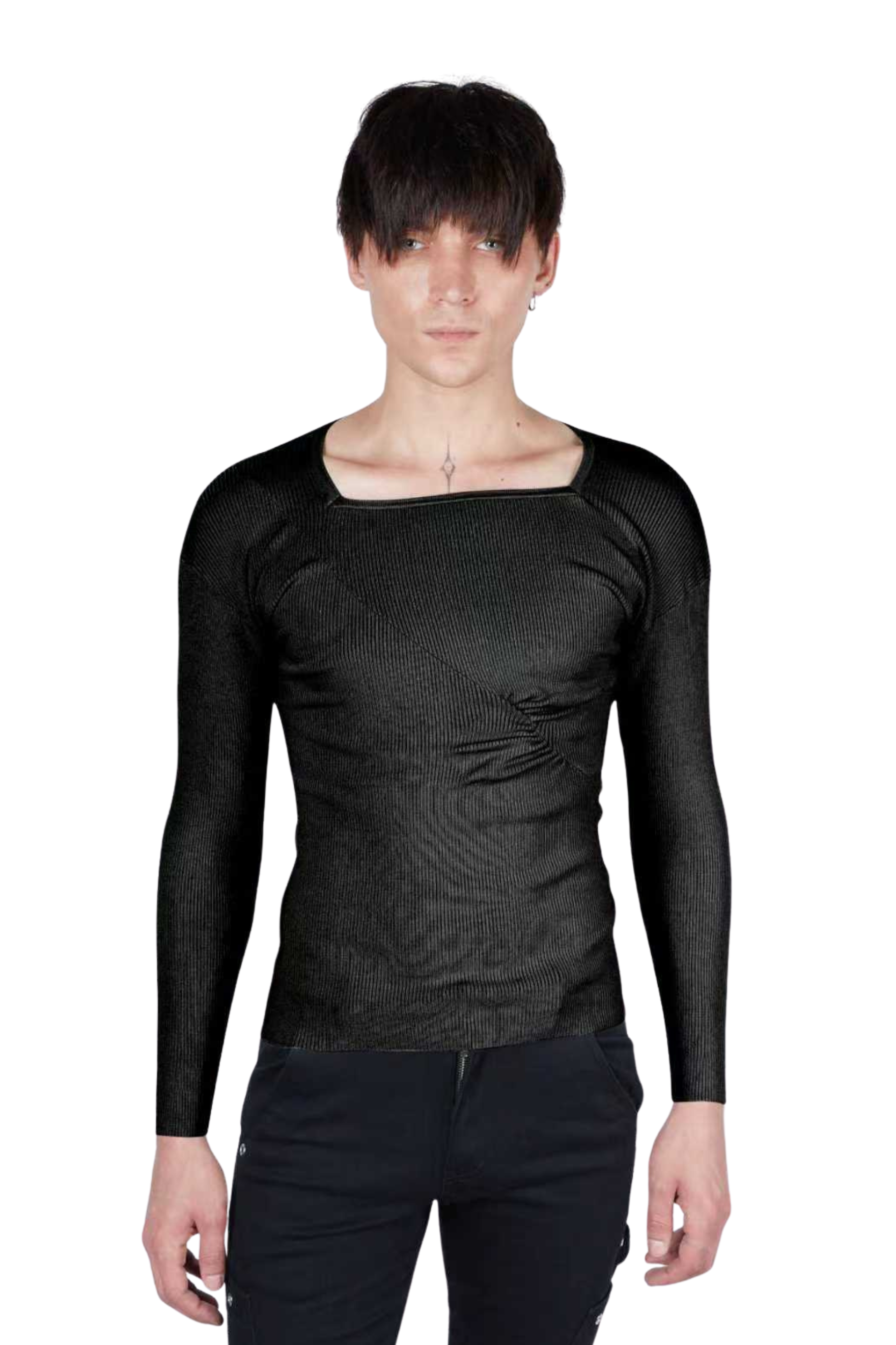 Essential Ruched Square Neck Long Sleeve Top Black