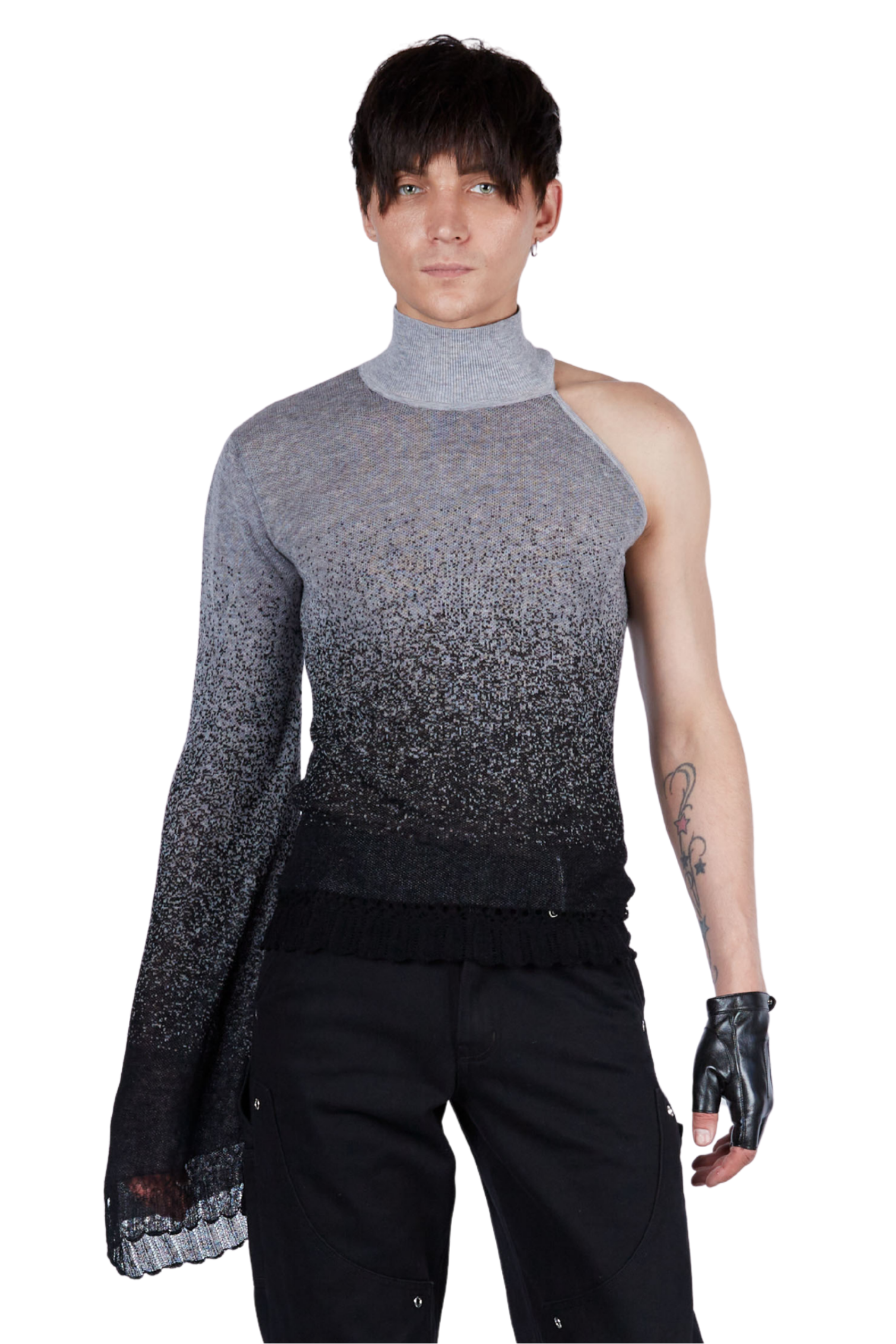 Gradient Intarsia One Sleeve Mock Neck Top