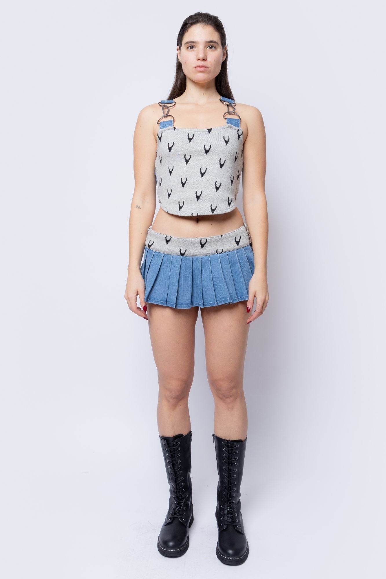 Jacquard Knit/Denim Mix Media FANG Mini Skirt