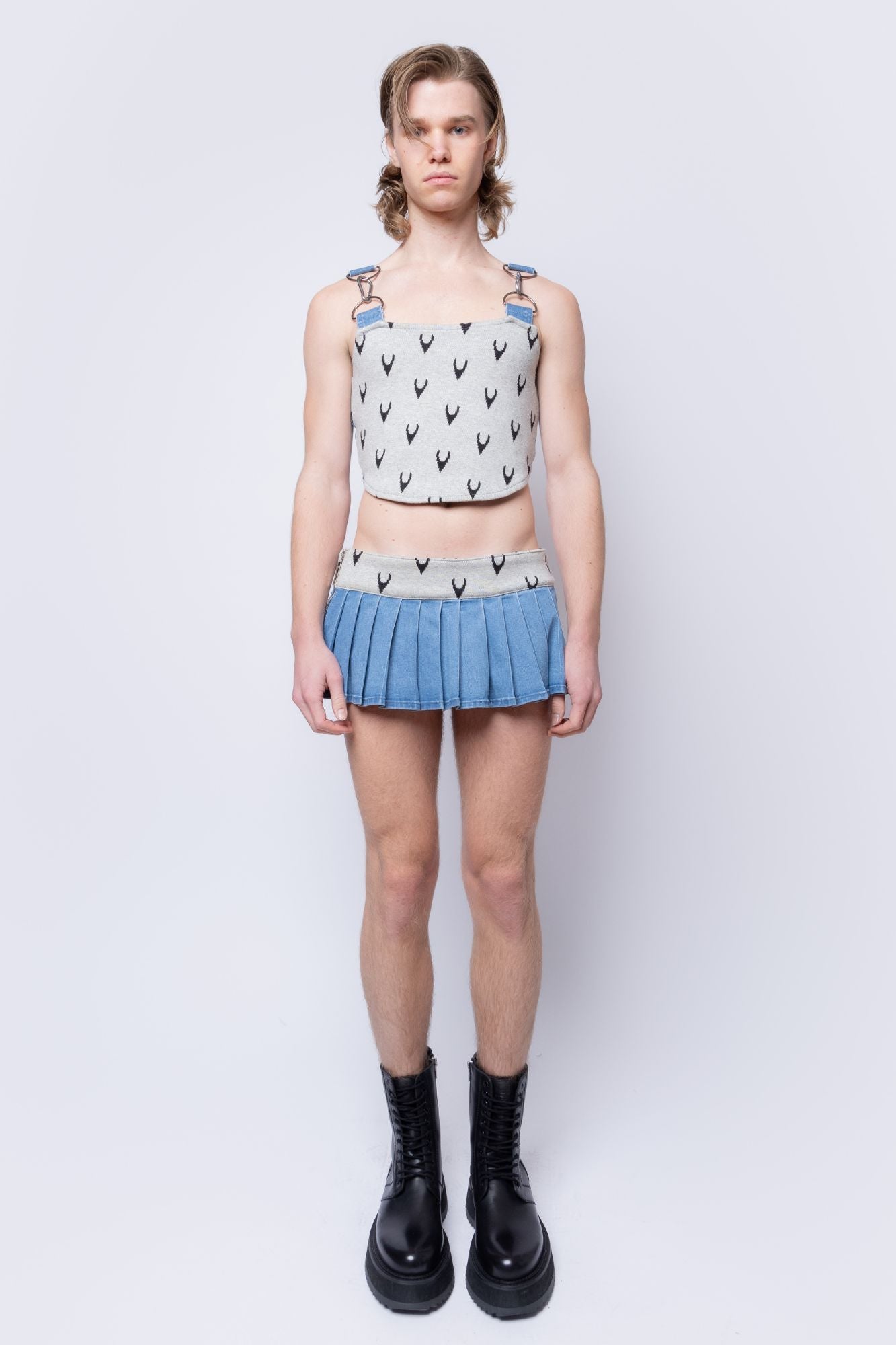 Jacquard Knit/Denim Mix Media FANG Mini Skirt