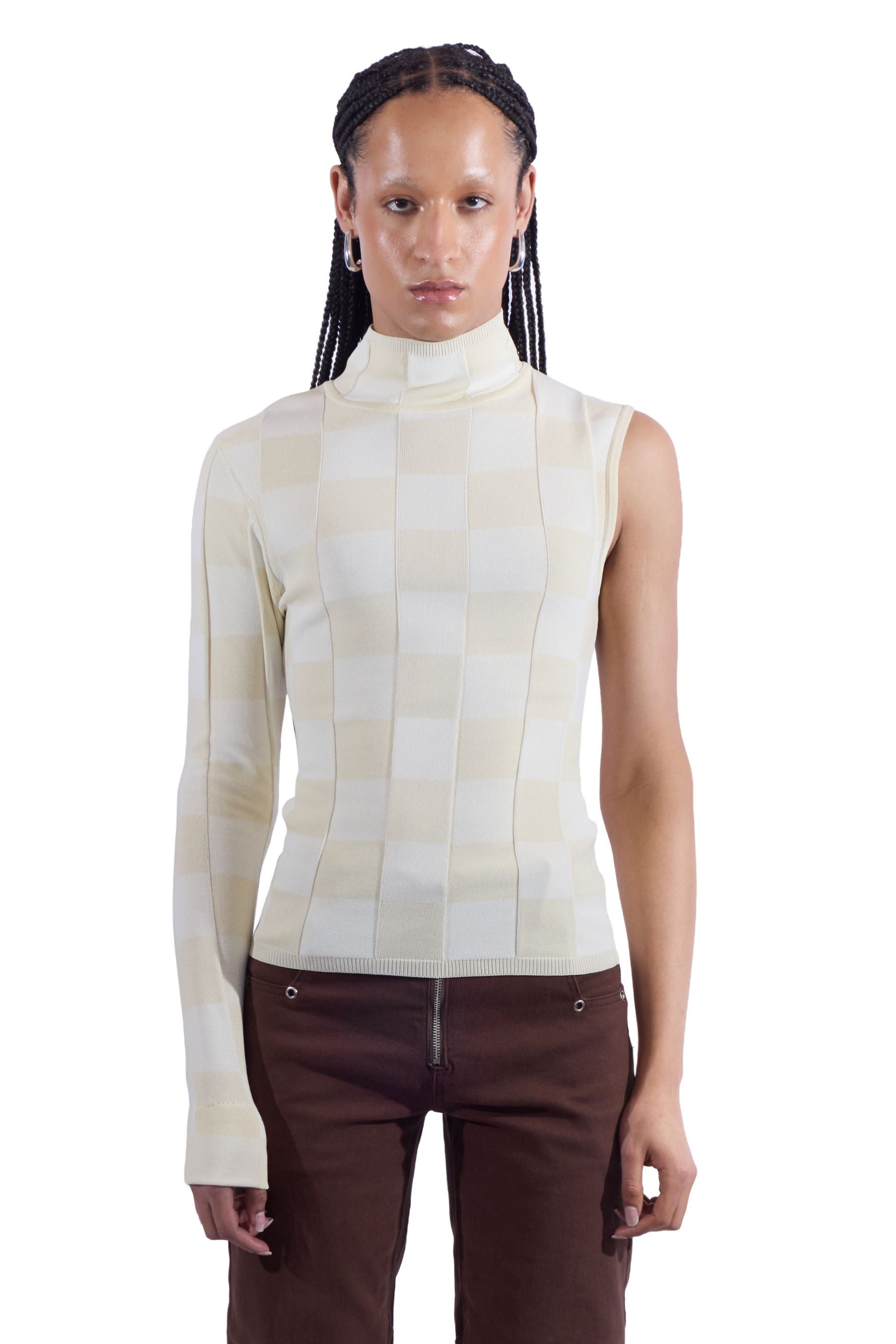 Checkered One Sleeve Knit Top
