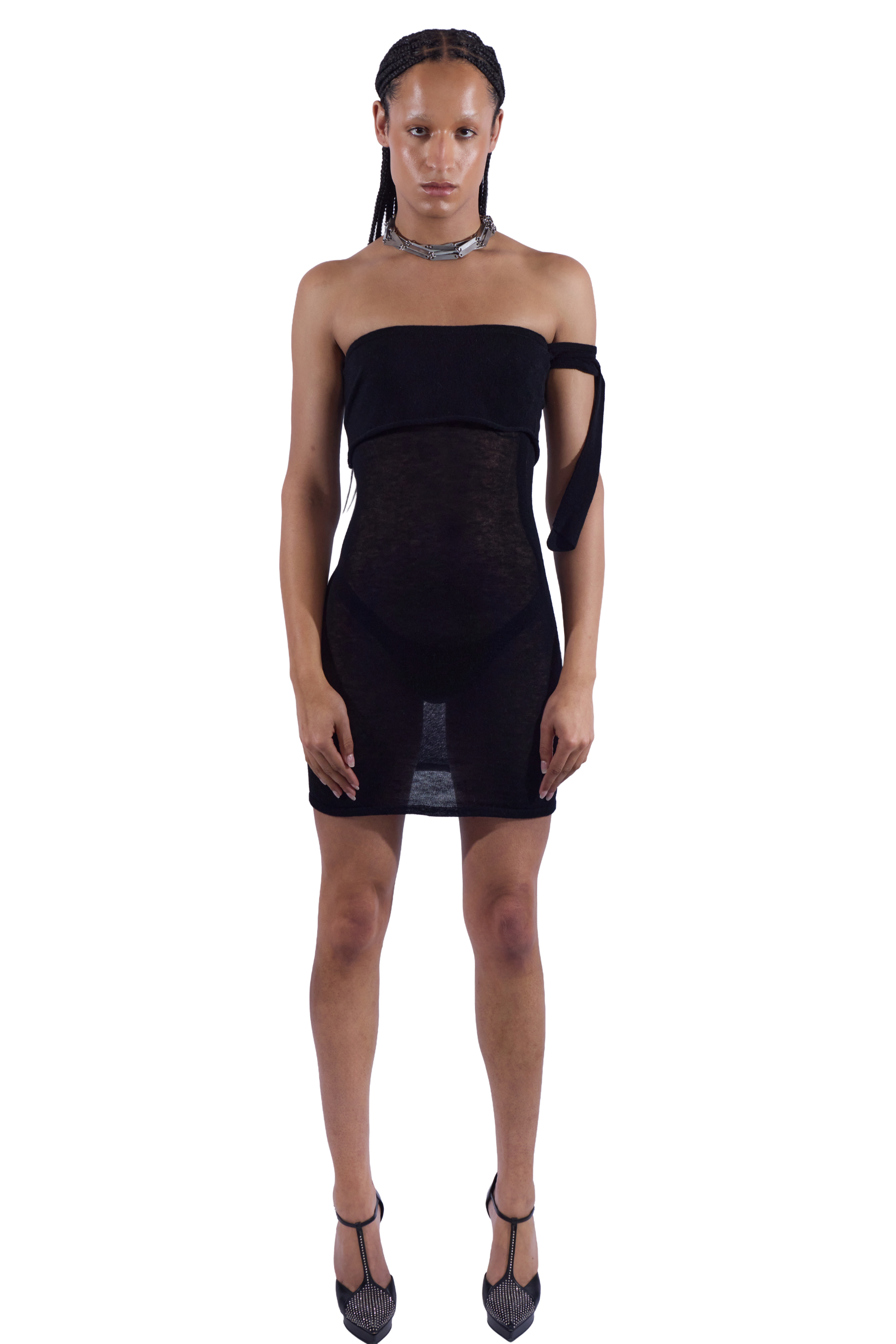 Cuff and Drape Sheer Knit Dress