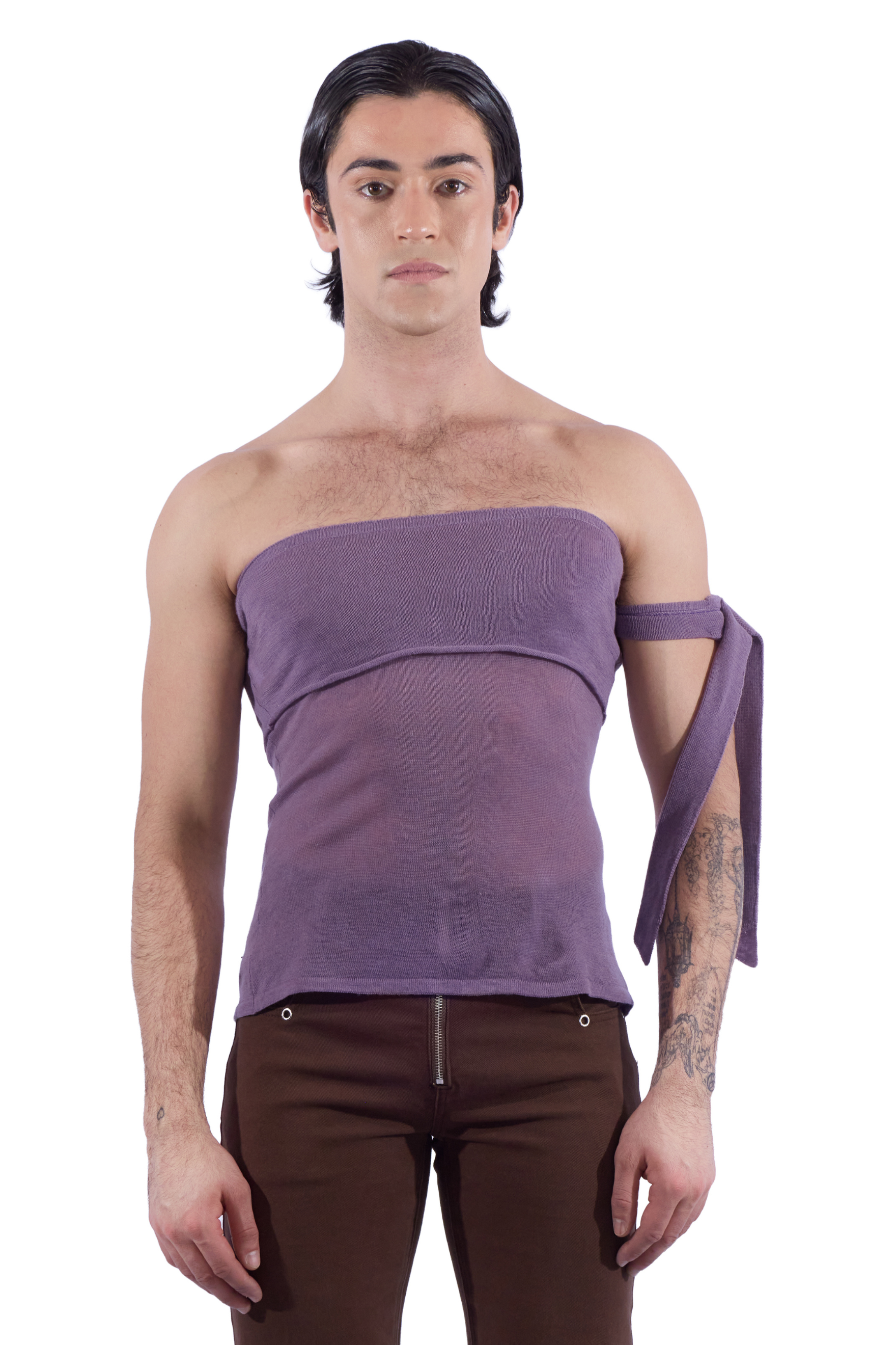 Cuff and Drape Sheer Strapless Knit Top