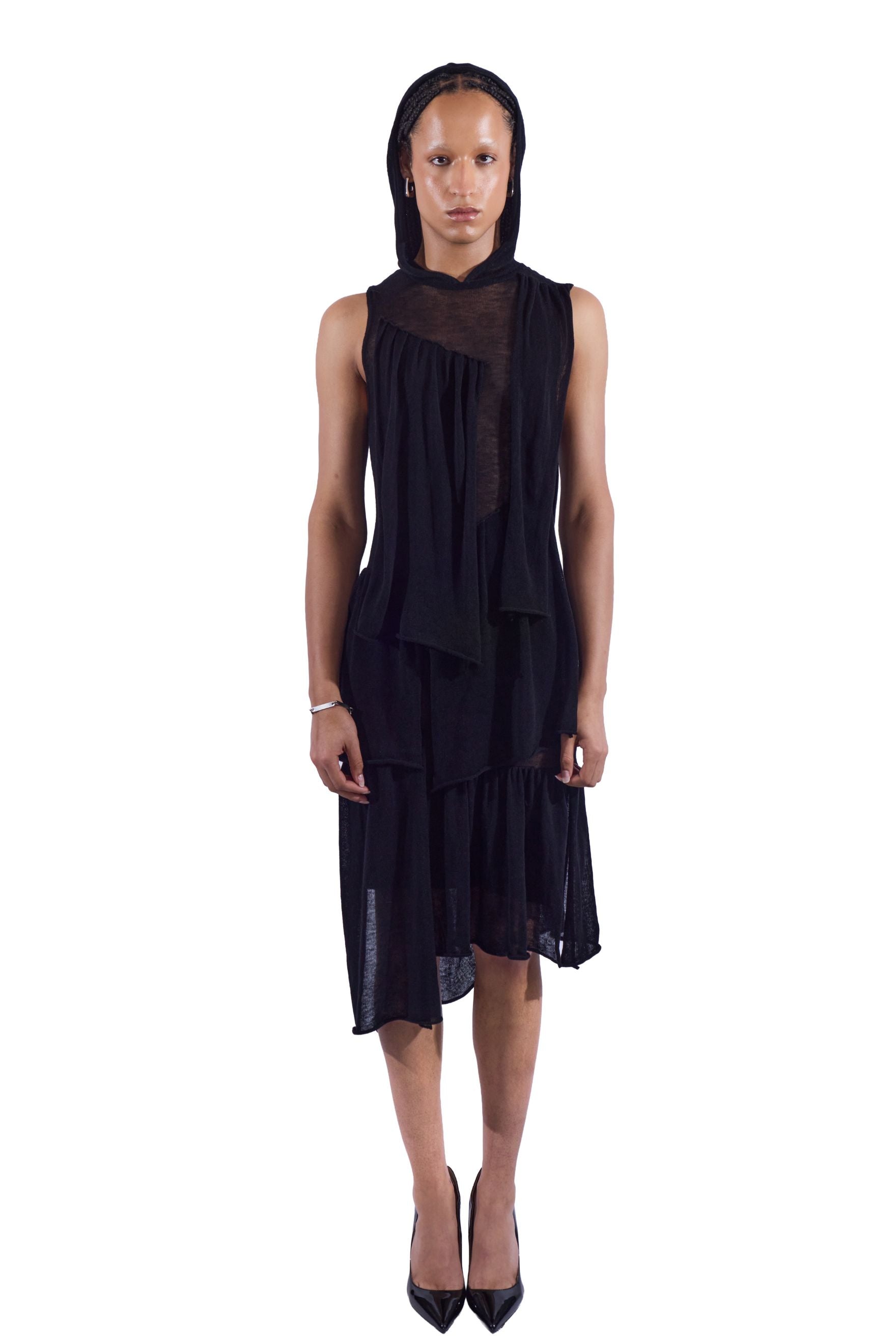 Sheer Layered Knit Hood Dress