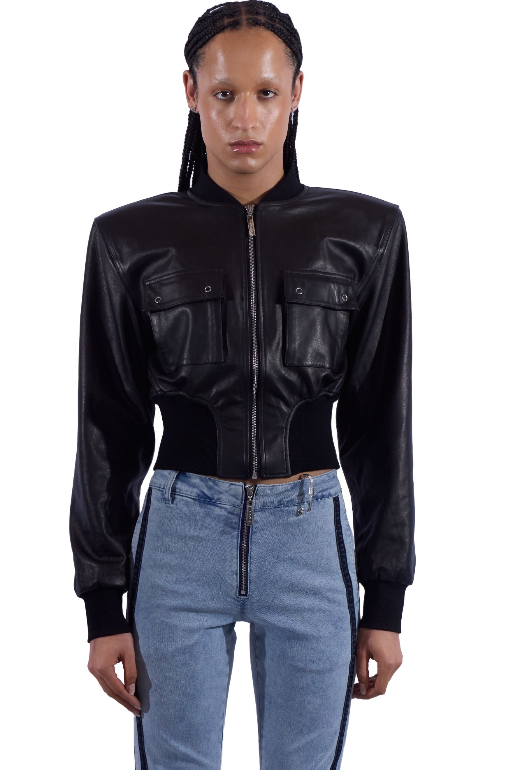Leather Broad Shoulder Bomber Jacket