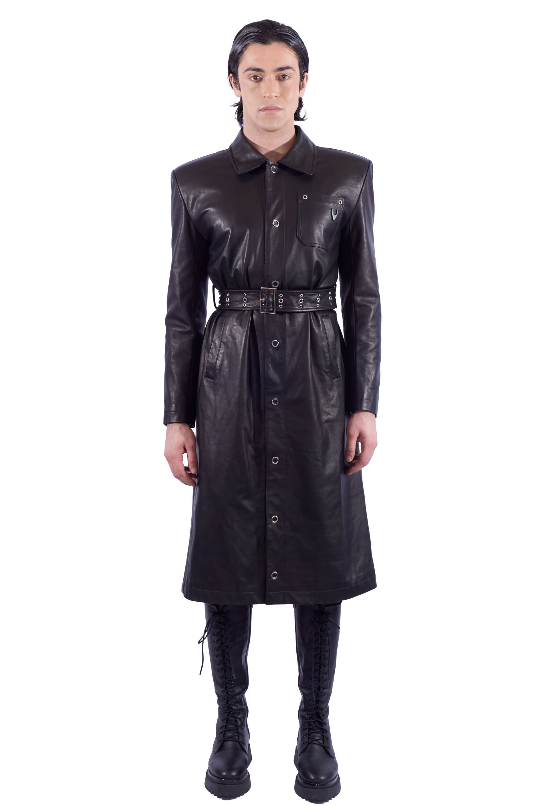 Broad Shoulder Vegan Leather Trench Coat