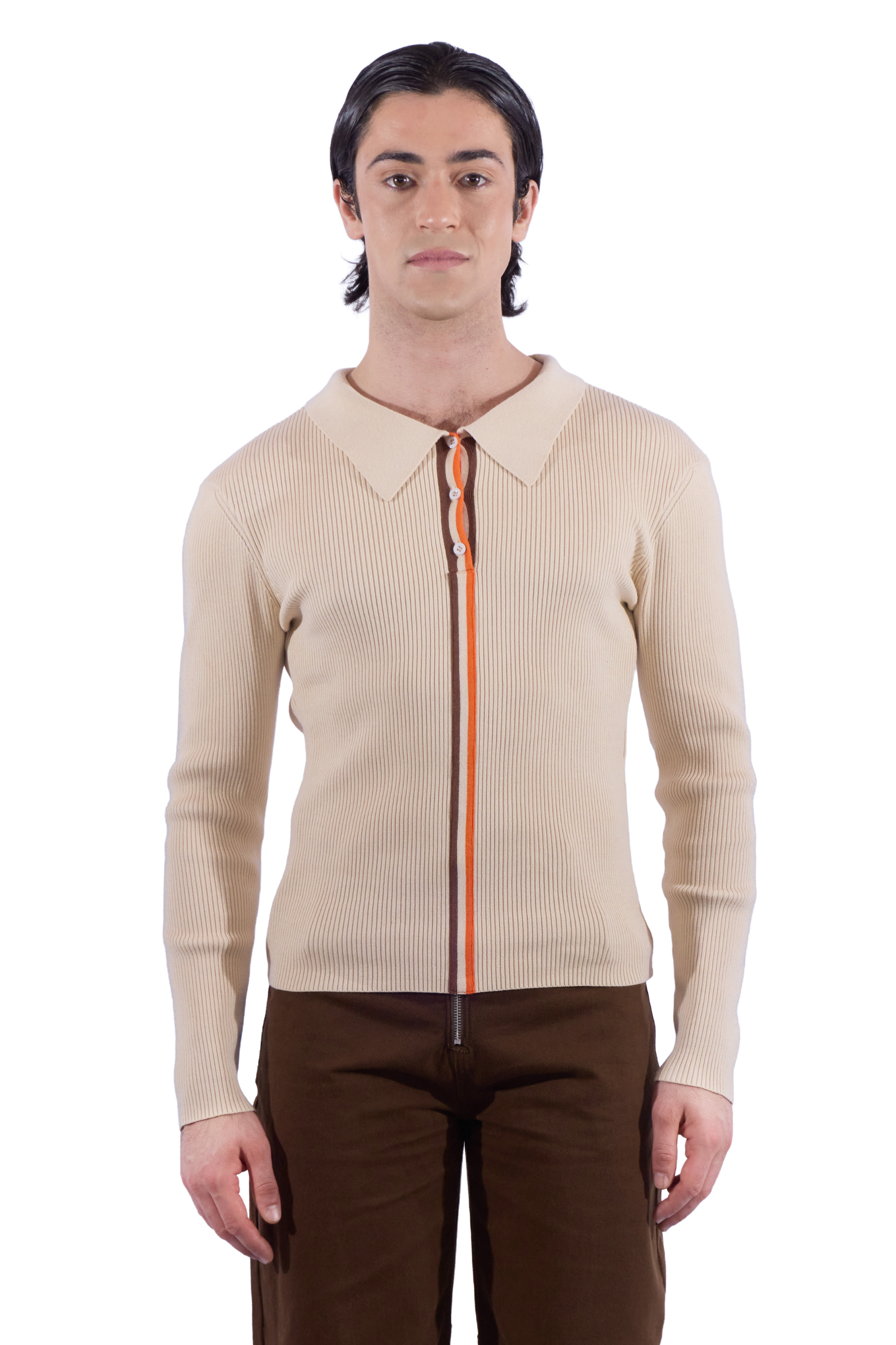 Triple Stripe Collared Knit Long Sleeve