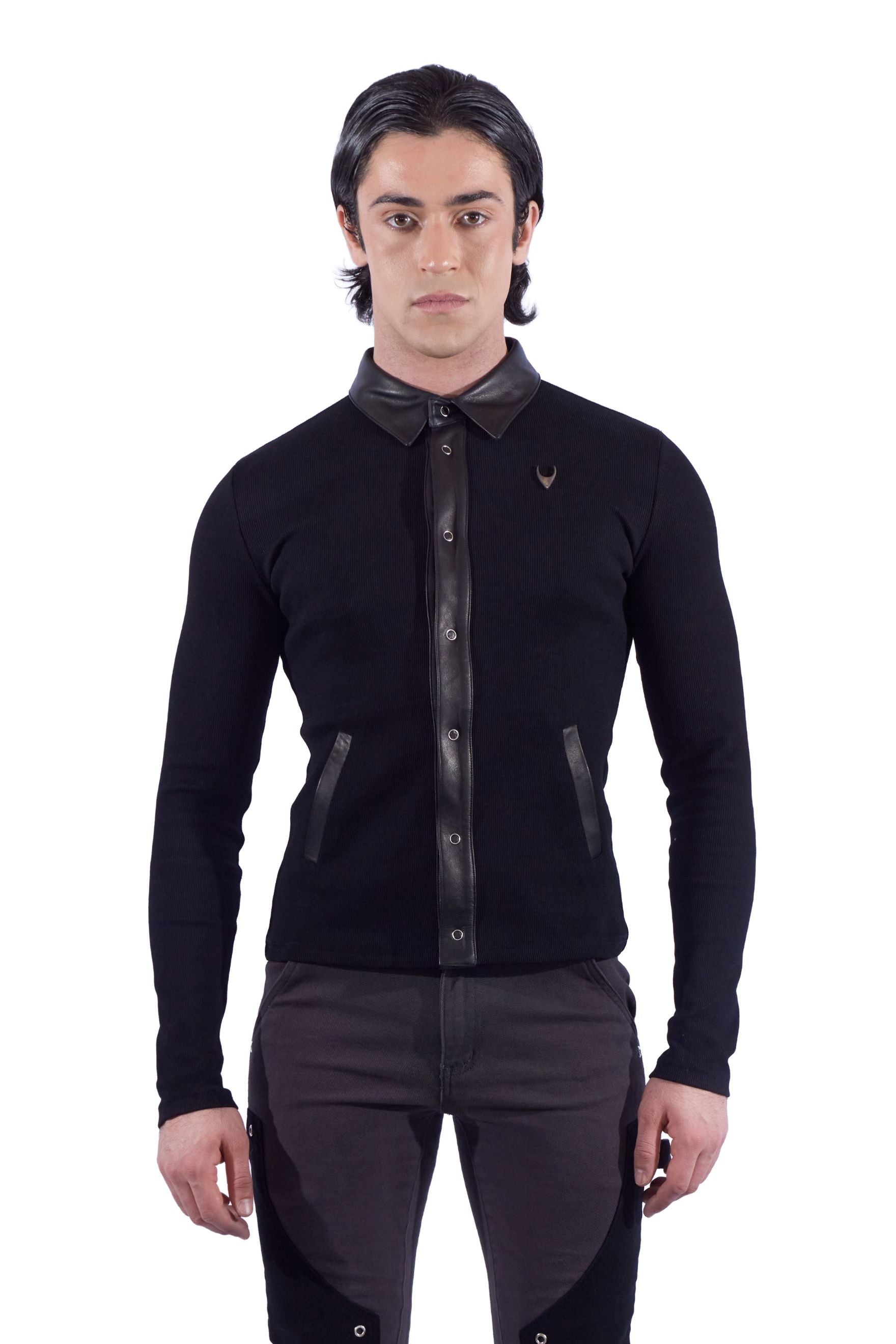 Leather/Knit Mix Media Button Up Top