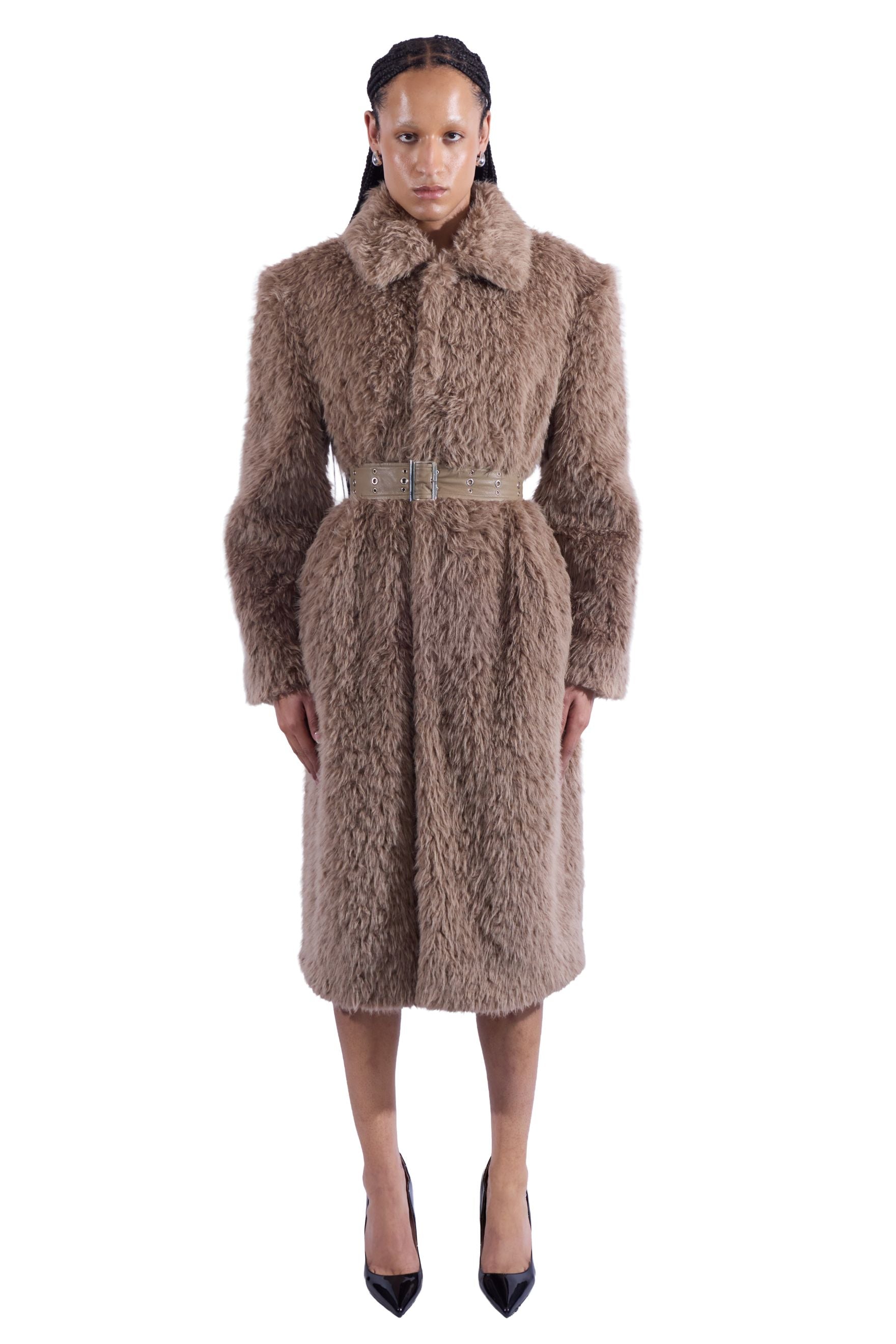 Broad Shoulder Faux Fur Trench Coat