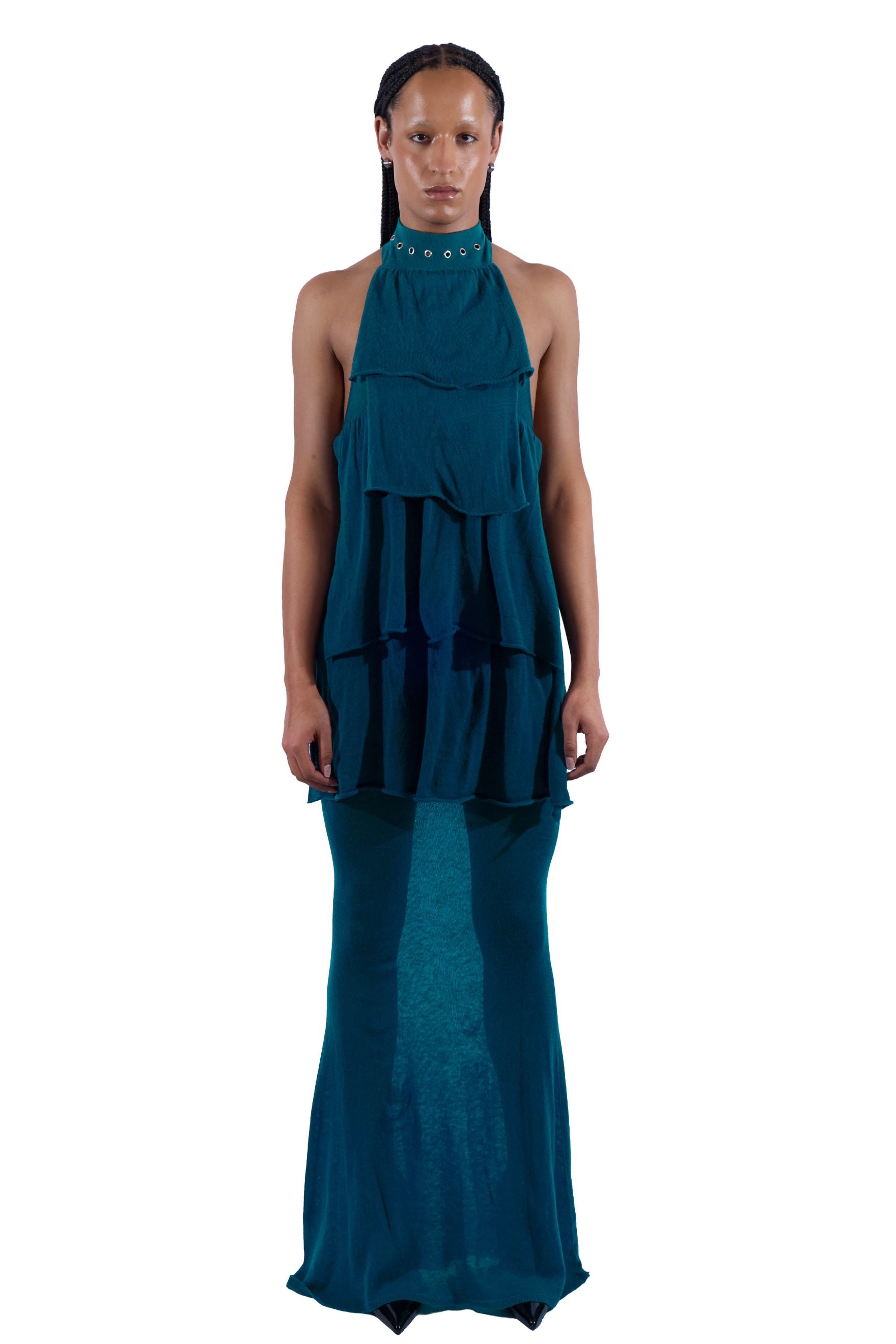 Sheer Layered Grommeted Knit Choker Gown