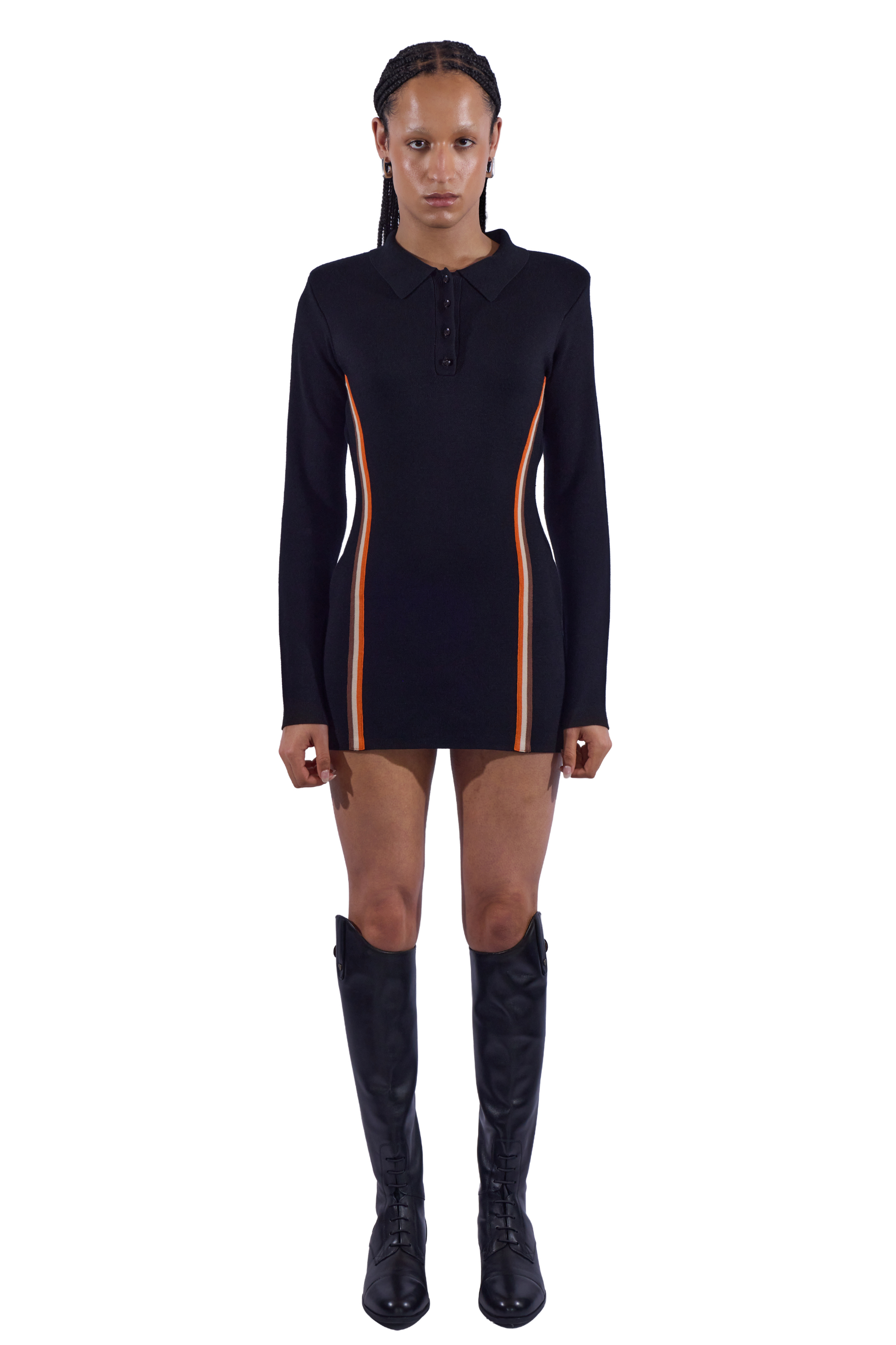 Broad Shoulder Stripe Collared Mini Knit Dress