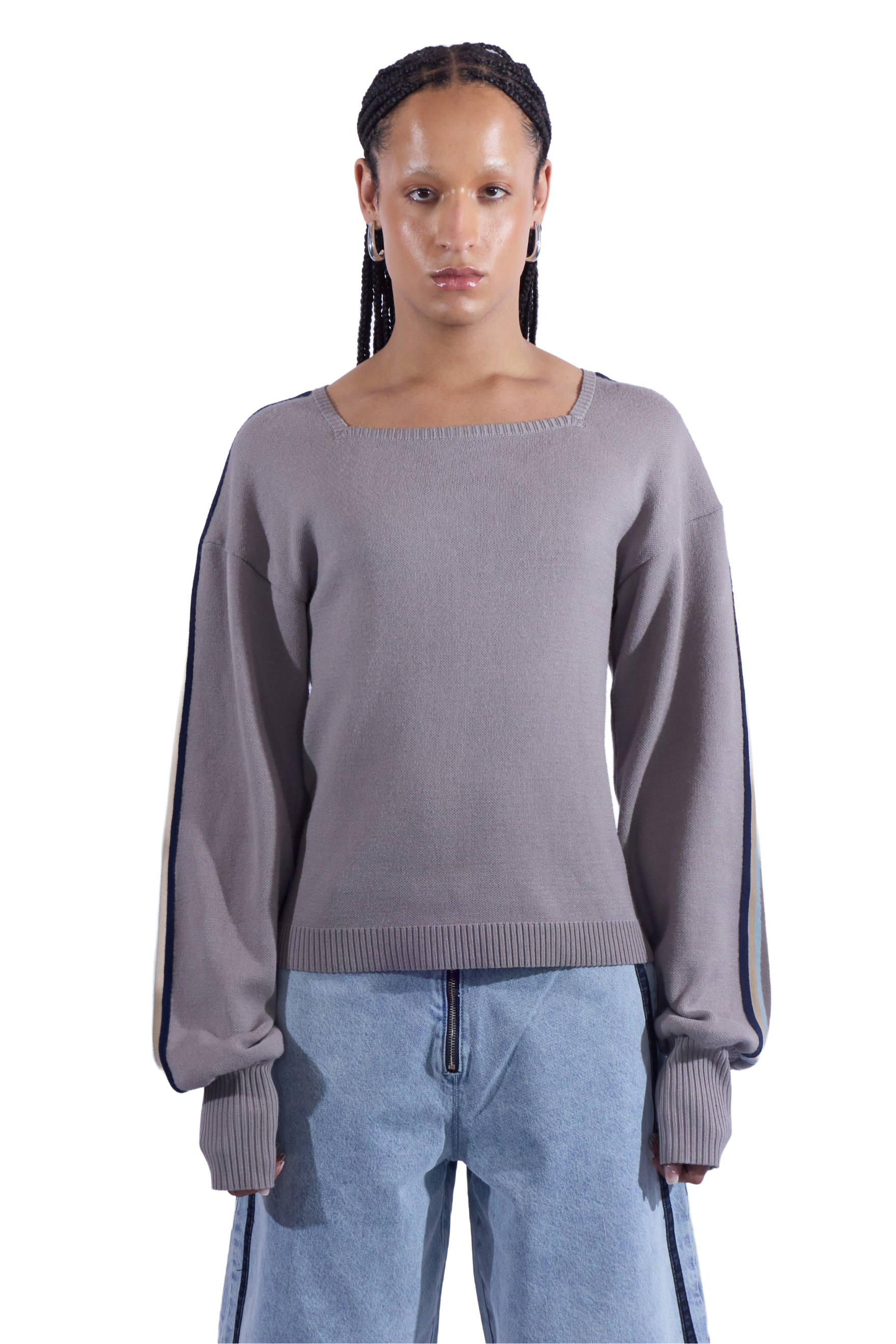 Triple Stripe Square Neck Knit Long Sleeve