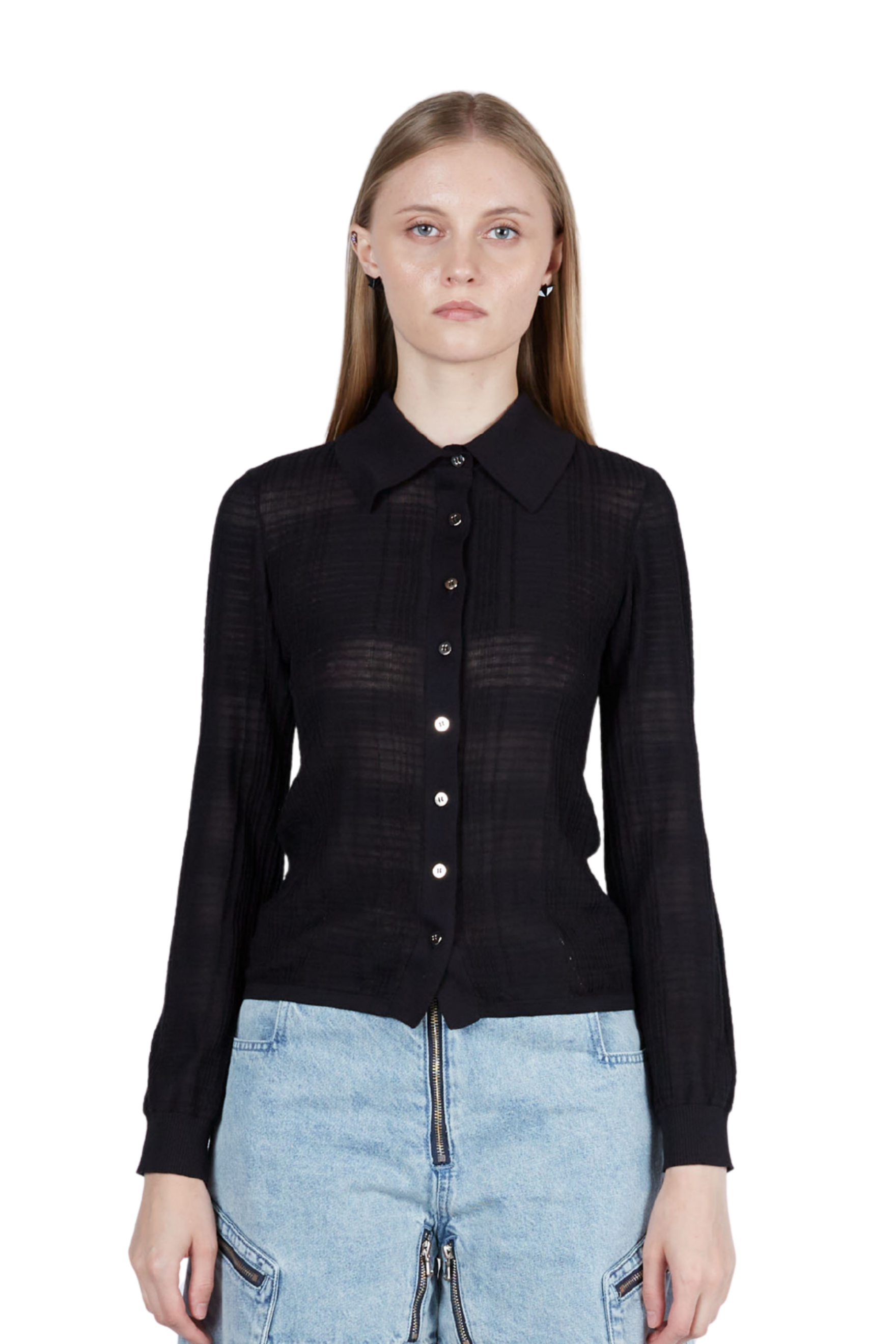 Knitted Plaid Long Sleeve Button-Up