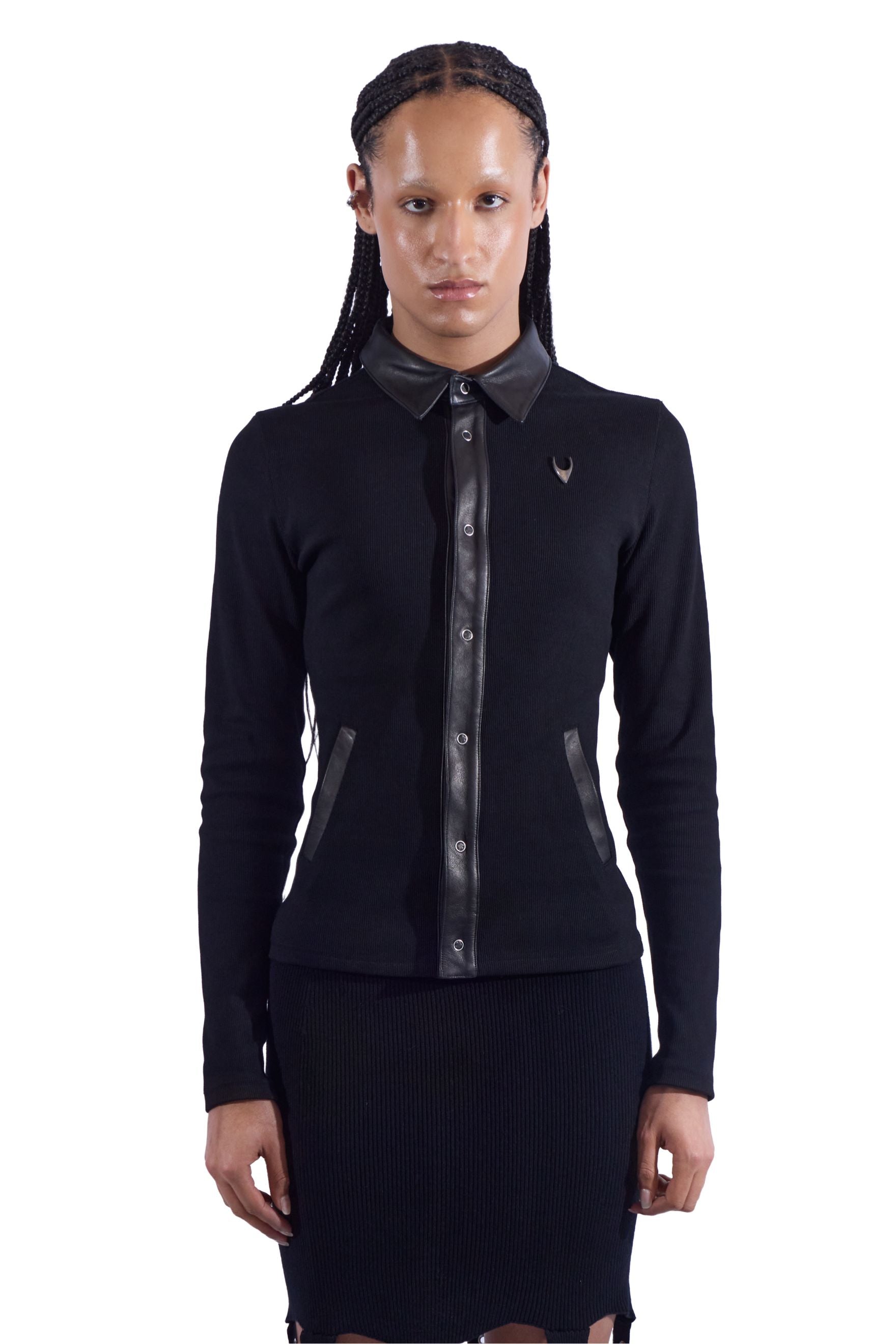 Leather/Knit Mix Media Button Up Top
