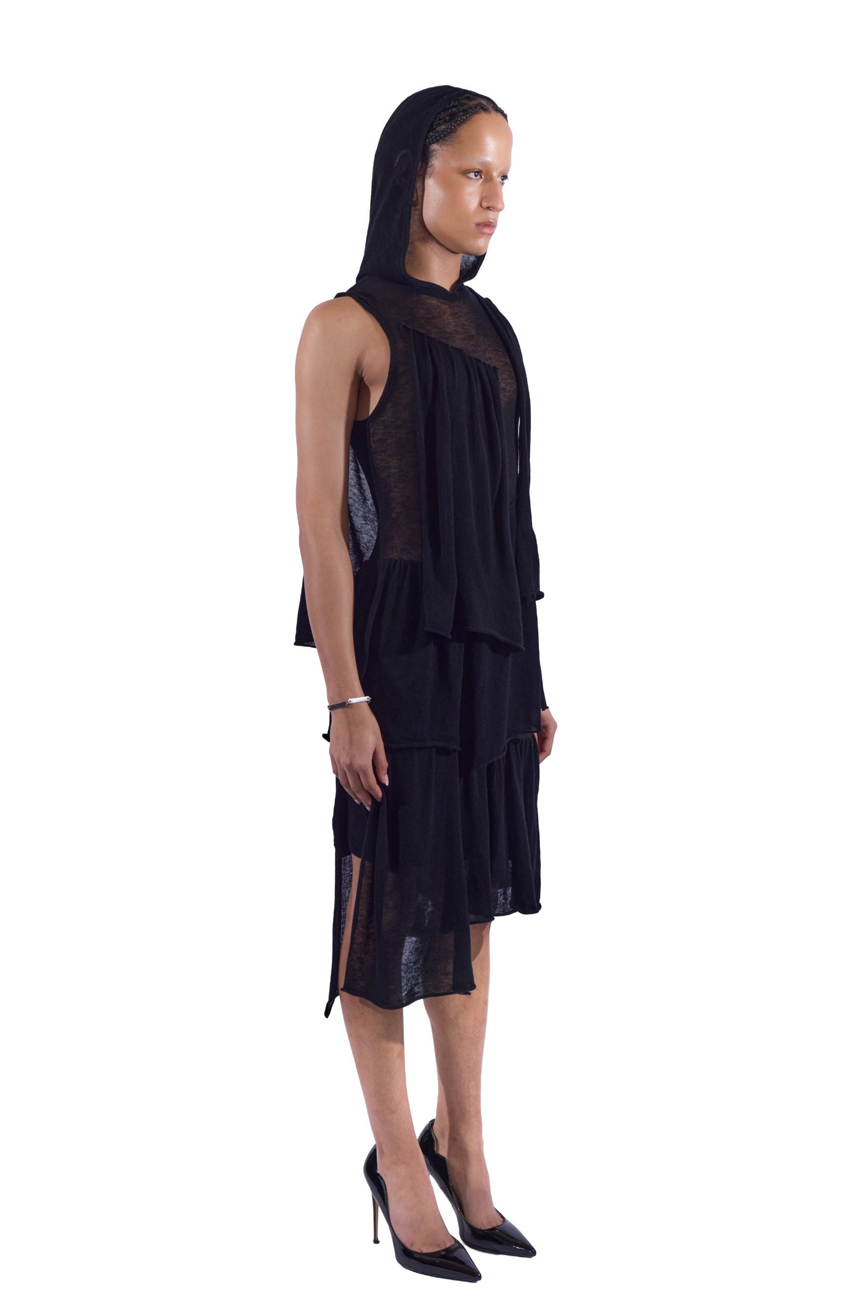 Sheer Layered Knit Hood Dress