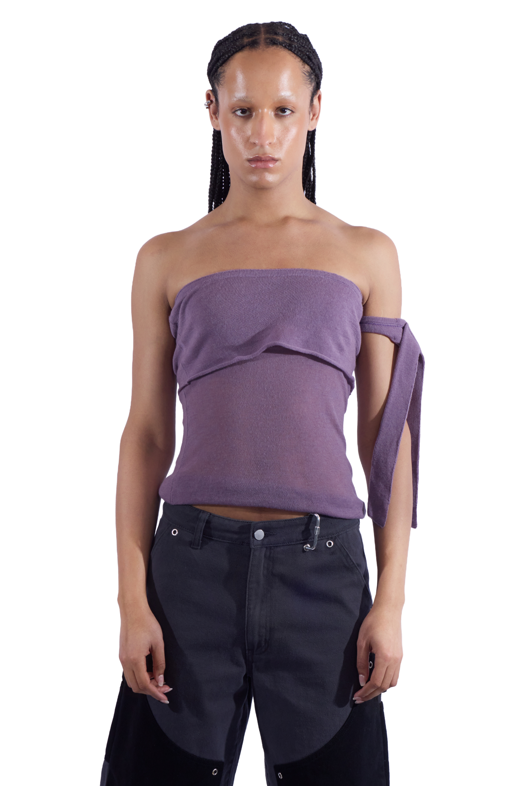 Cuff and Drape Sheer Strapless Knit Top