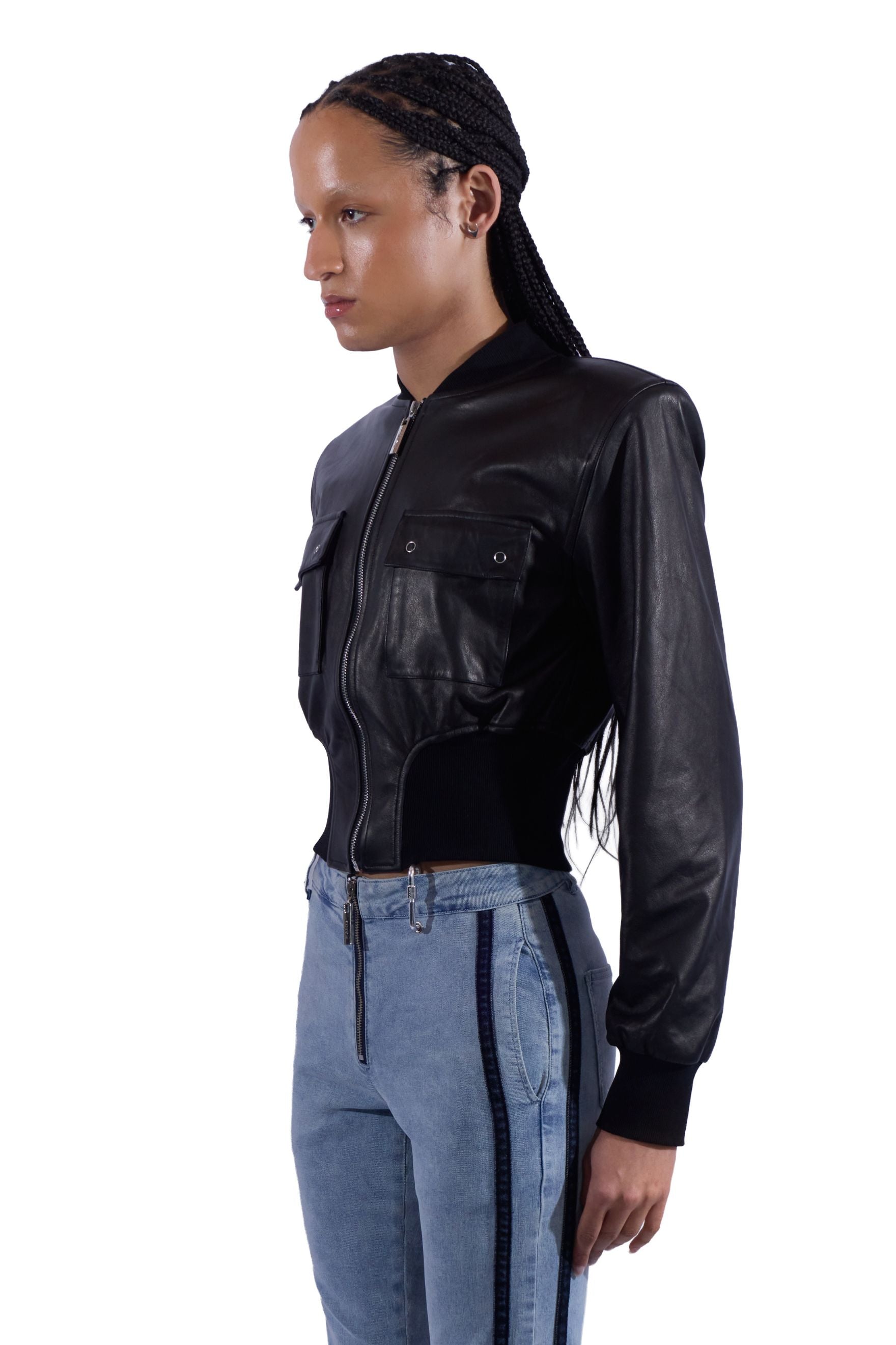 Leather Broad Shoulder Bomber Jacket