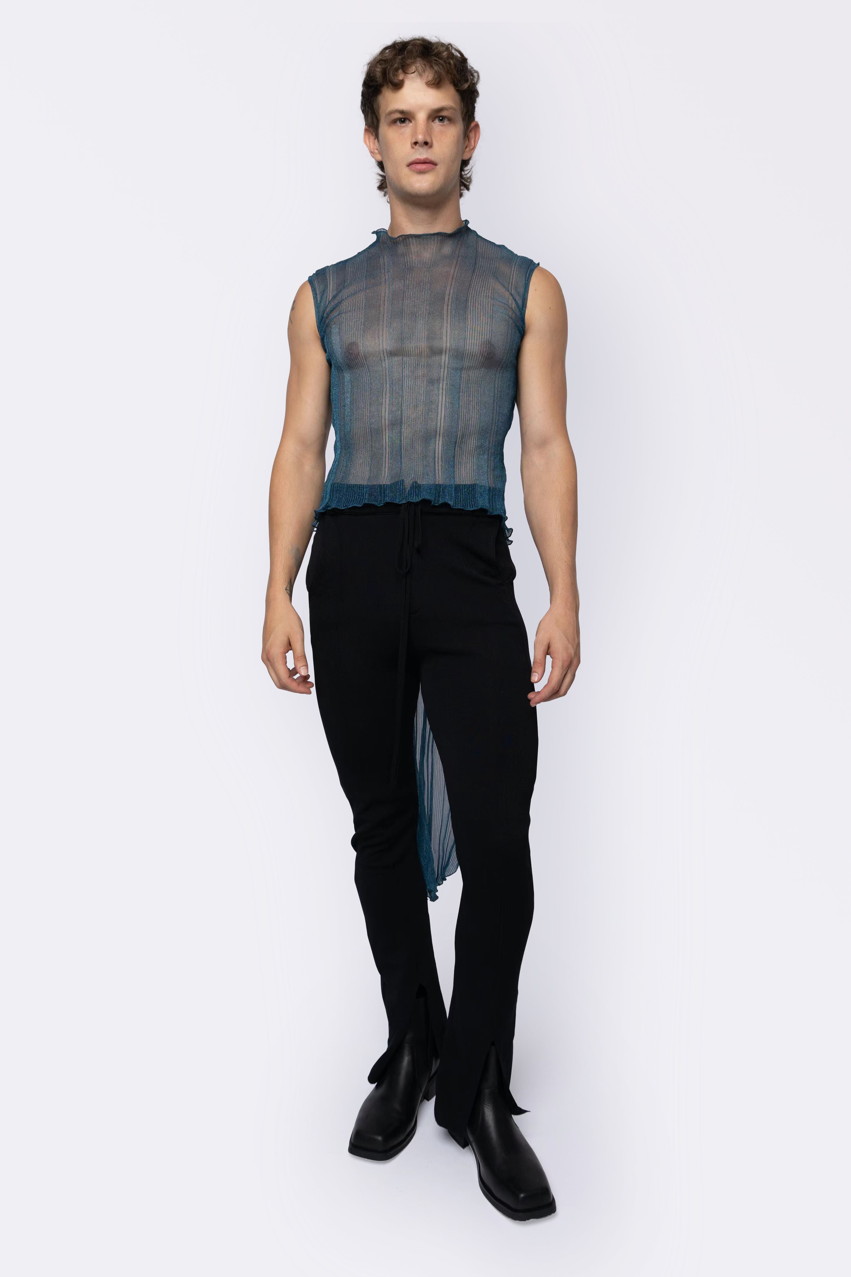 Sheer Knit Flare Back Top