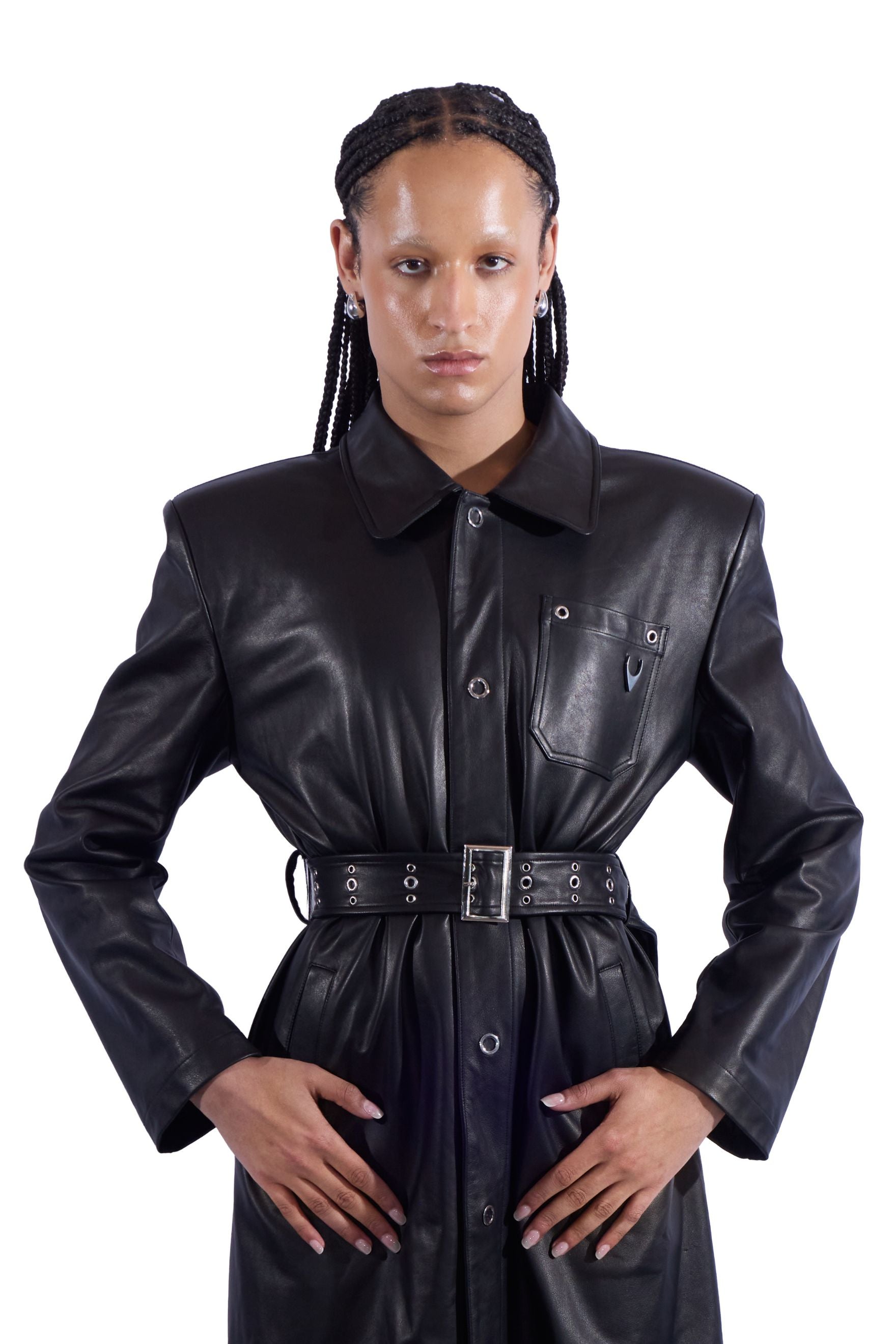 Broad Shoulder Vegan Leather Trench Coat