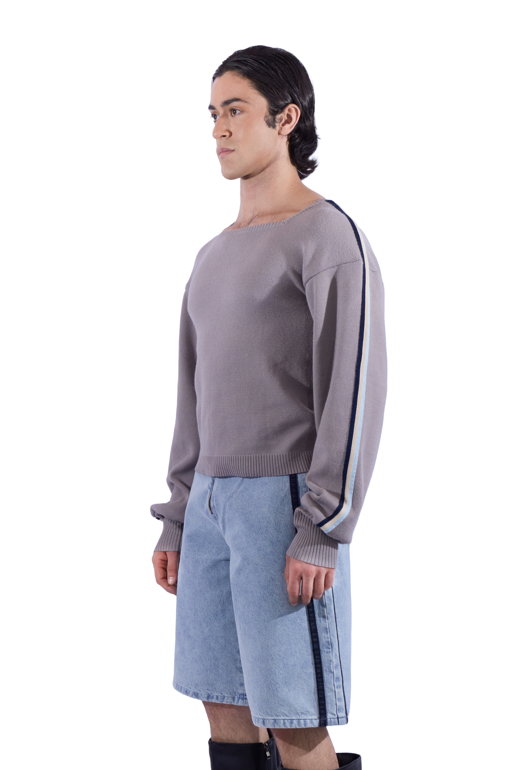 Triple Stripe Square Neck Knit Long Sleeve