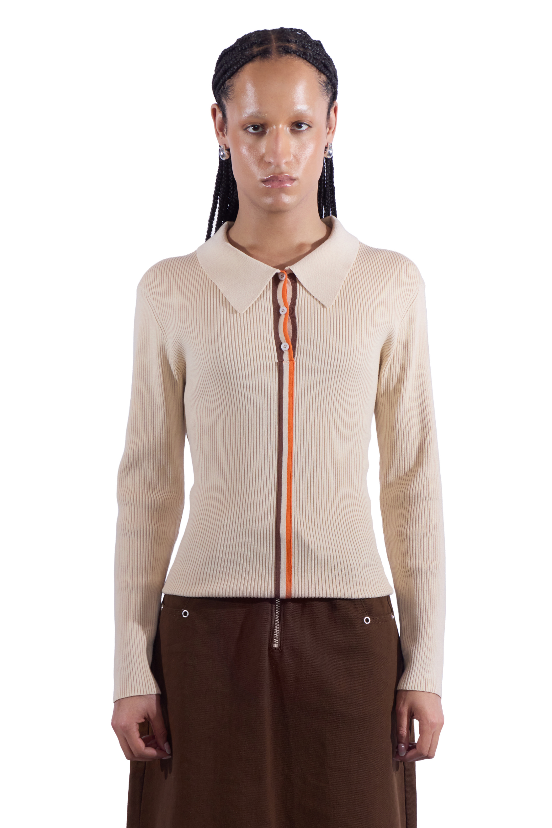 Triple Stripe Collared Knit Long Sleeve