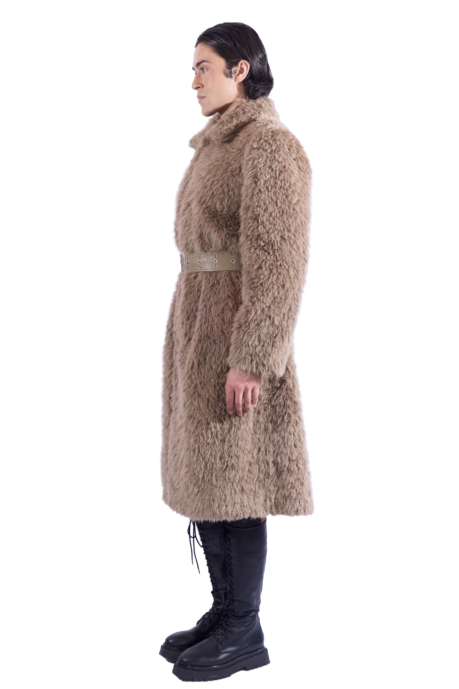 Broad Shoulder Faux Fur Trench Coat