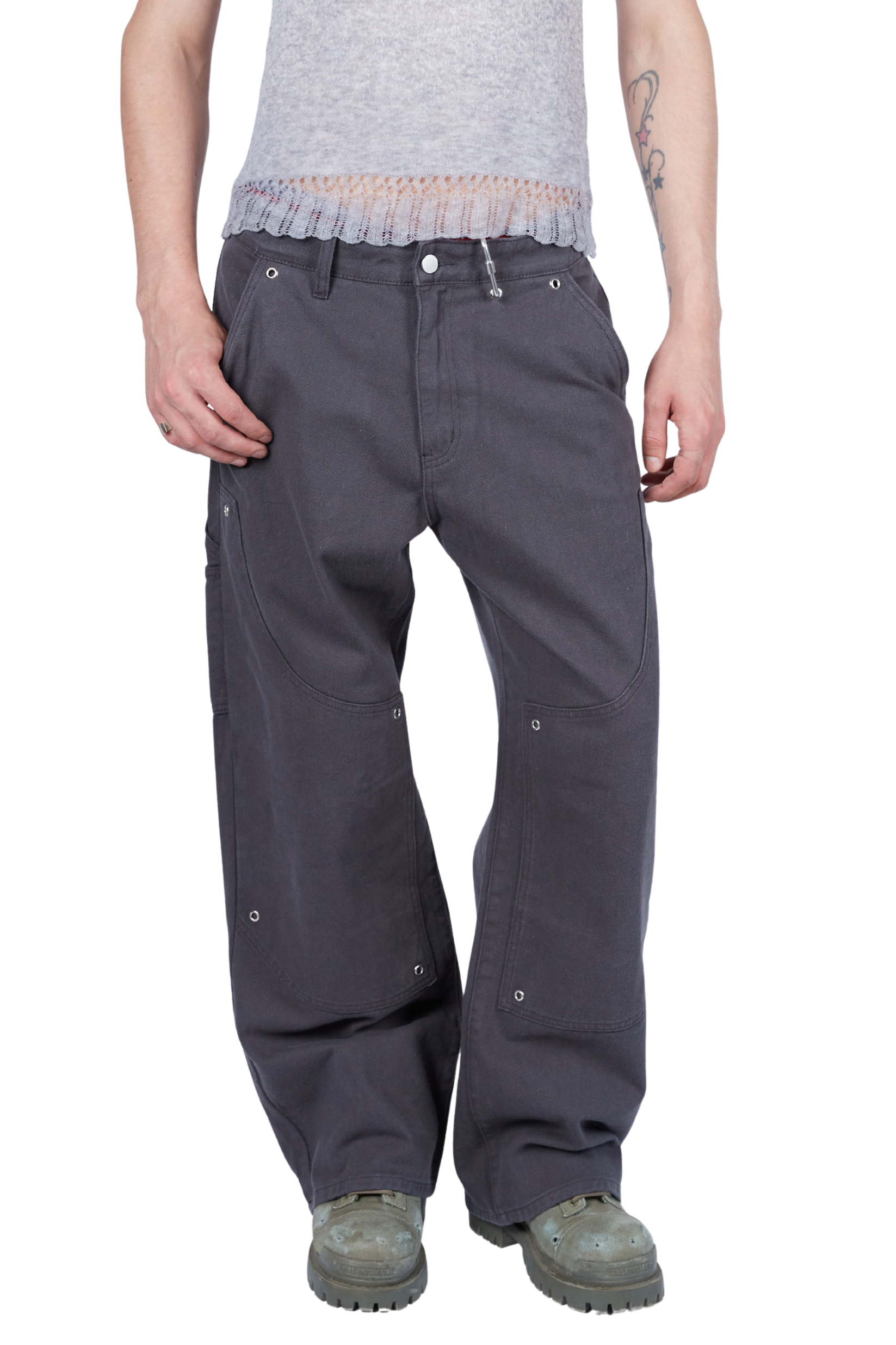 Grommeted Double Knee Carpenter Pants Grey