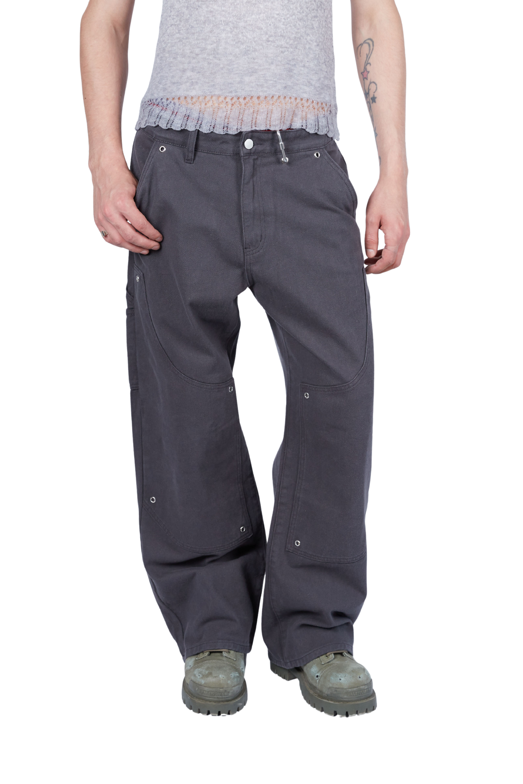 Grommeted Double Knee Carpenter Pants Grey