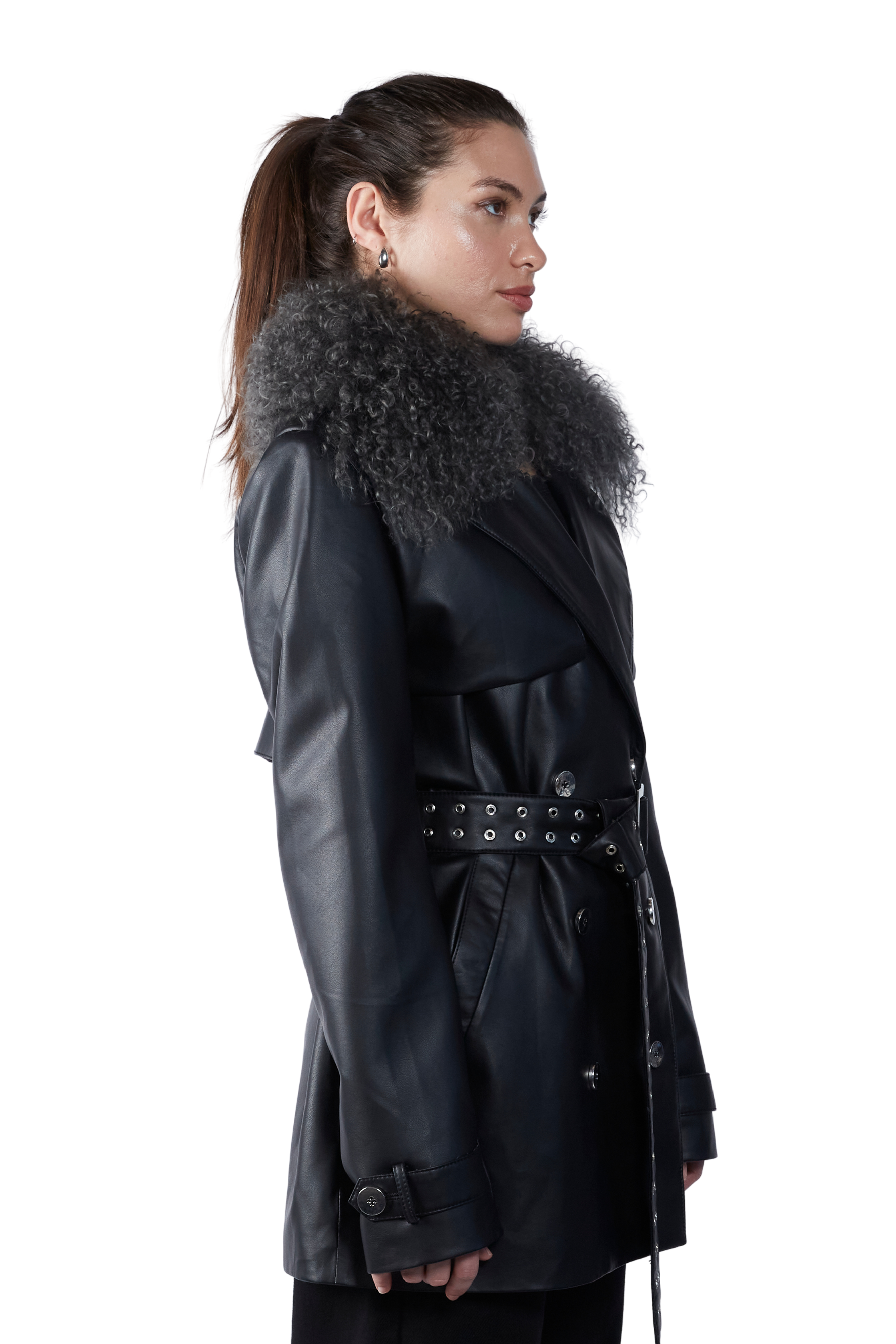 Faux Leather Wave Trench Coat