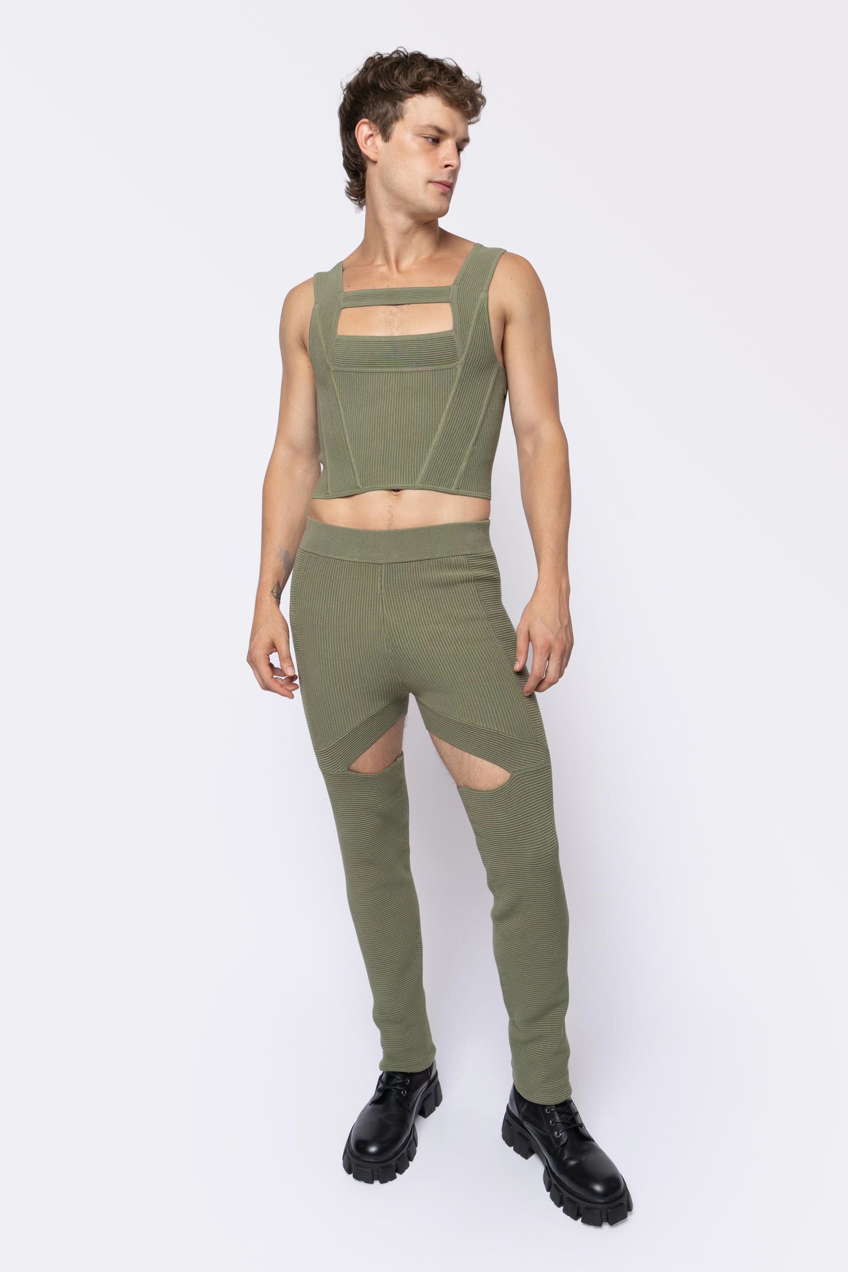 Ribbed Cut-Out Panel Corsetry Top Olive