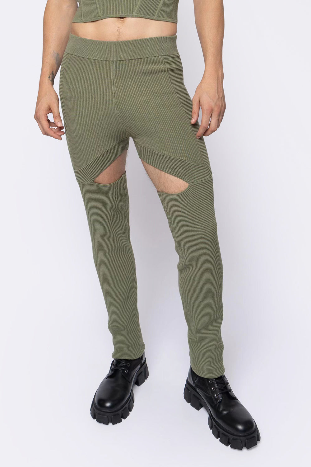 Ribbed Cut-Out Panel Pants Olive