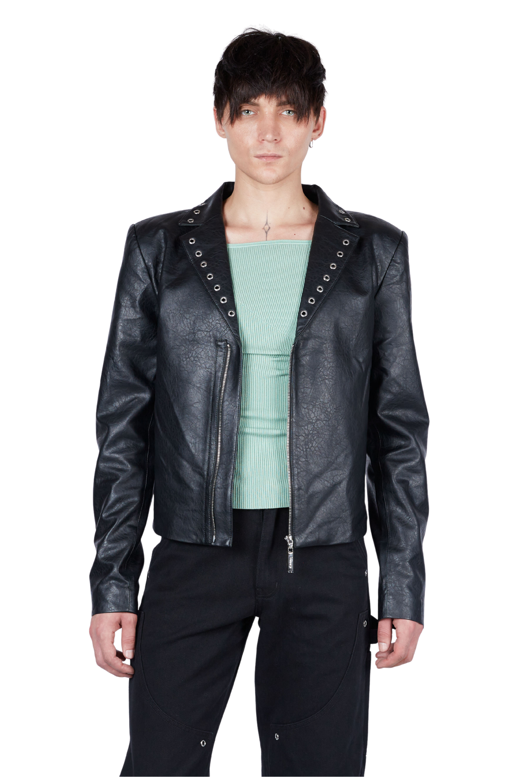 Vegan Leather Grommeted Broad Shoulder Jacket