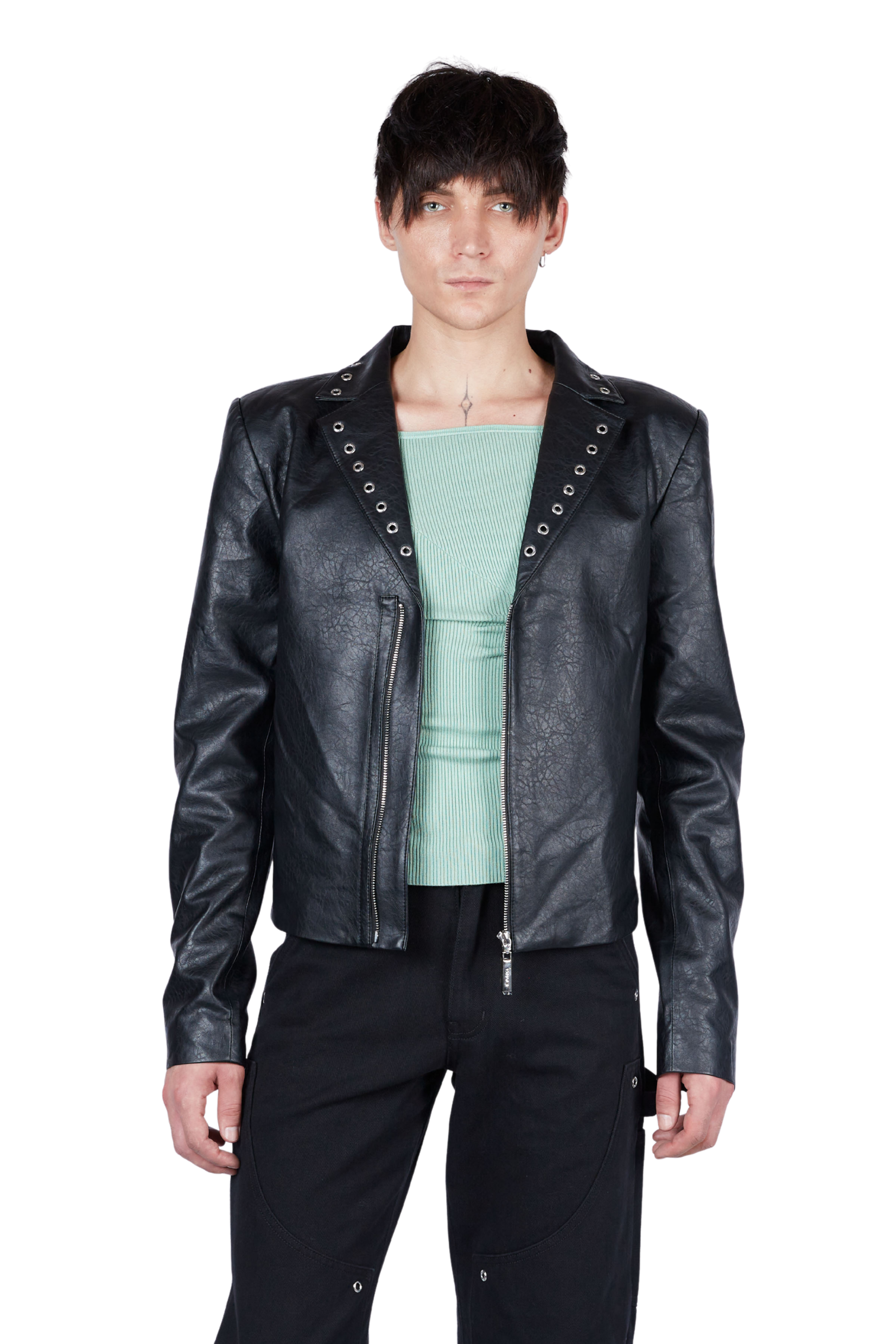 Vegan Leather Grommeted Broad Shoulder Jacket