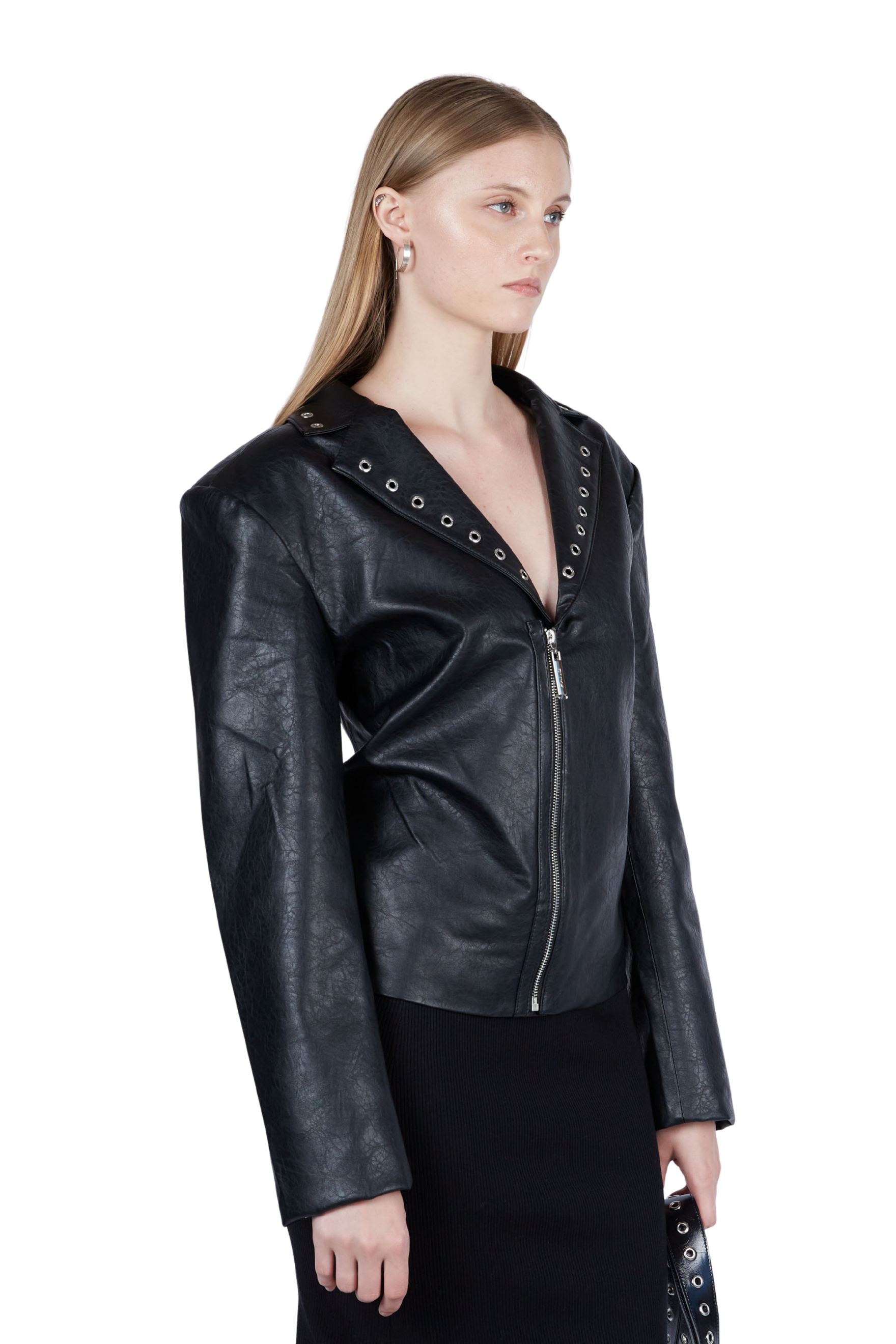 Vegan Leather Grommeted Broad Shoulder Jacket