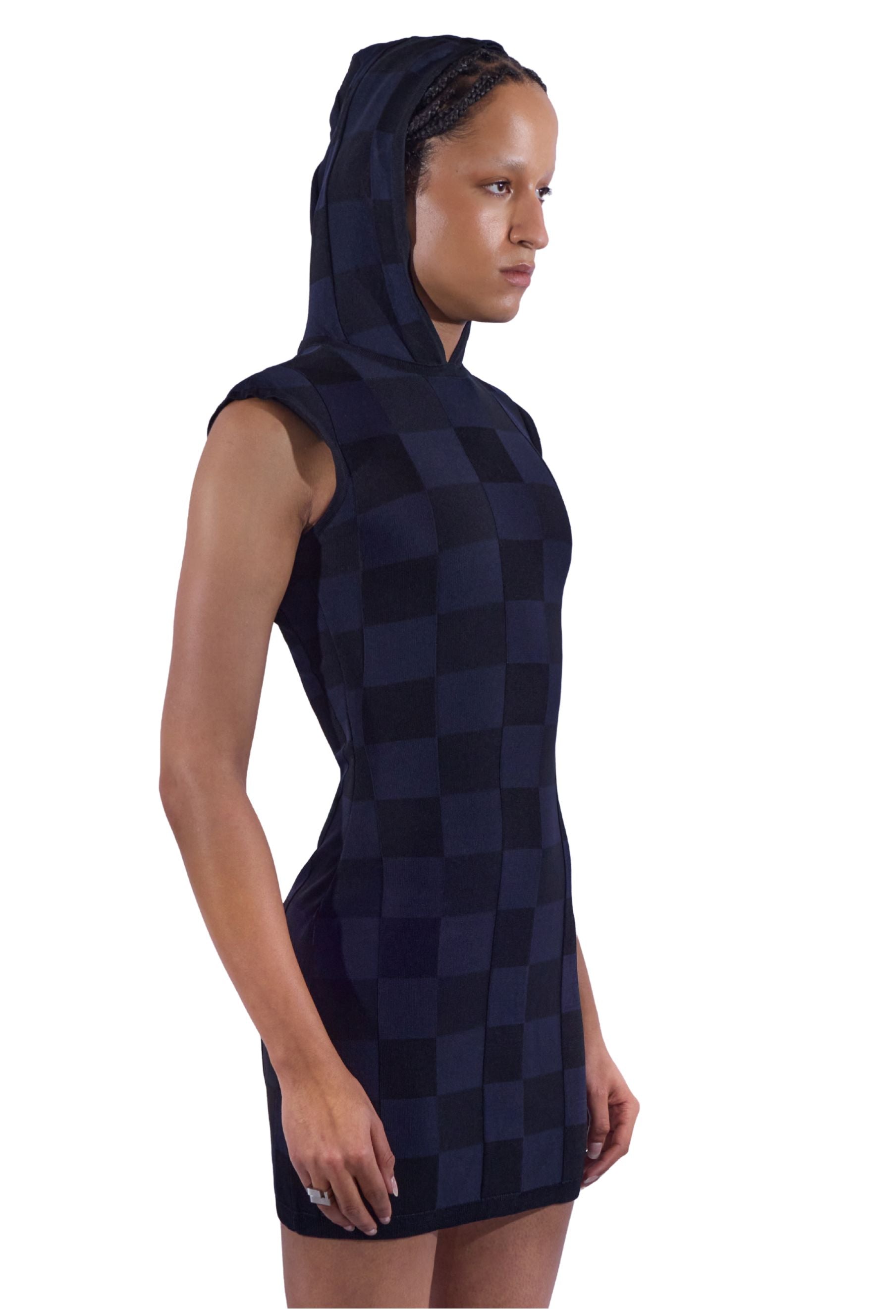 Broad Shoulder Checker Knit Hoodie Dress