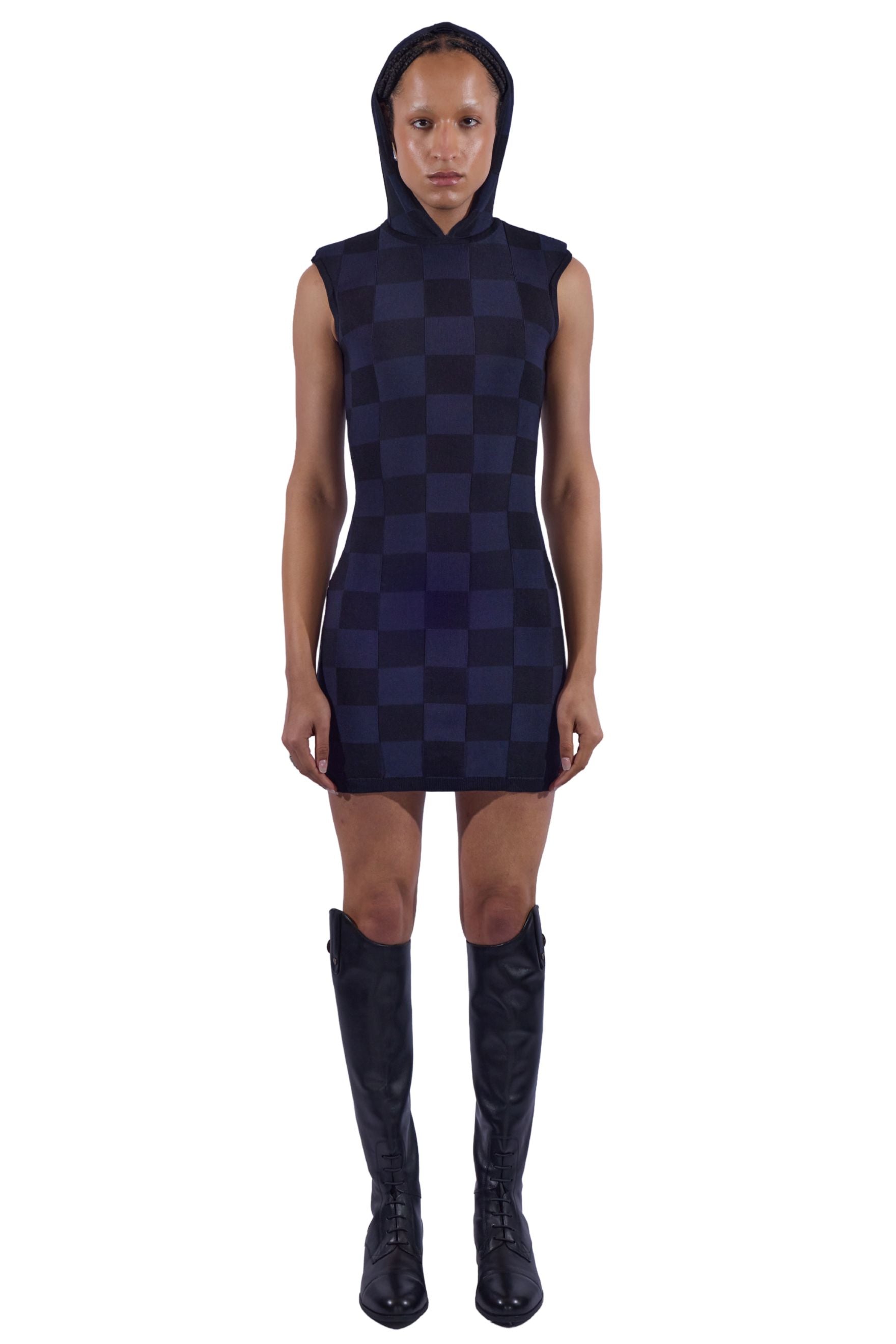 Broad Shoulder Checker Knit Hoodie Dress