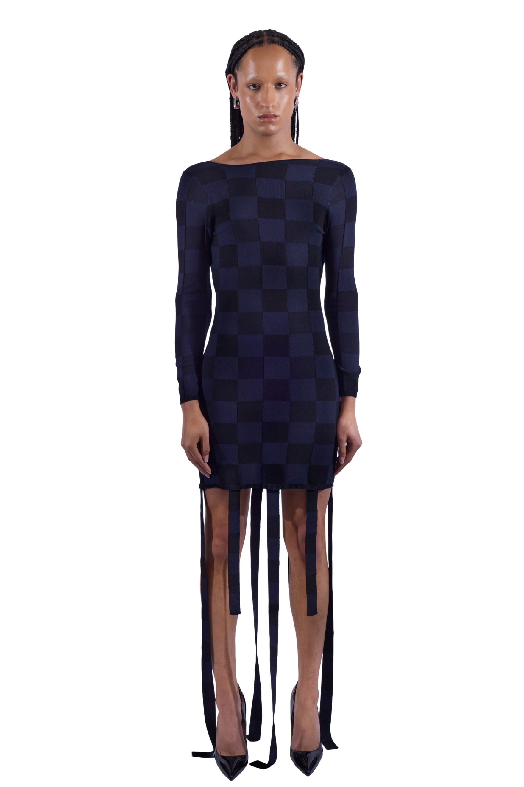Checkered Knit Fringe Dress