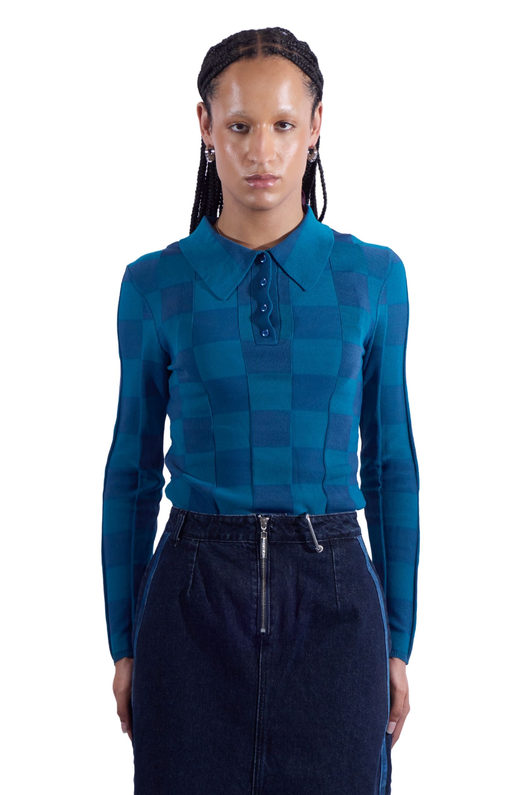 Checkered Knit Collared Long Sleeve