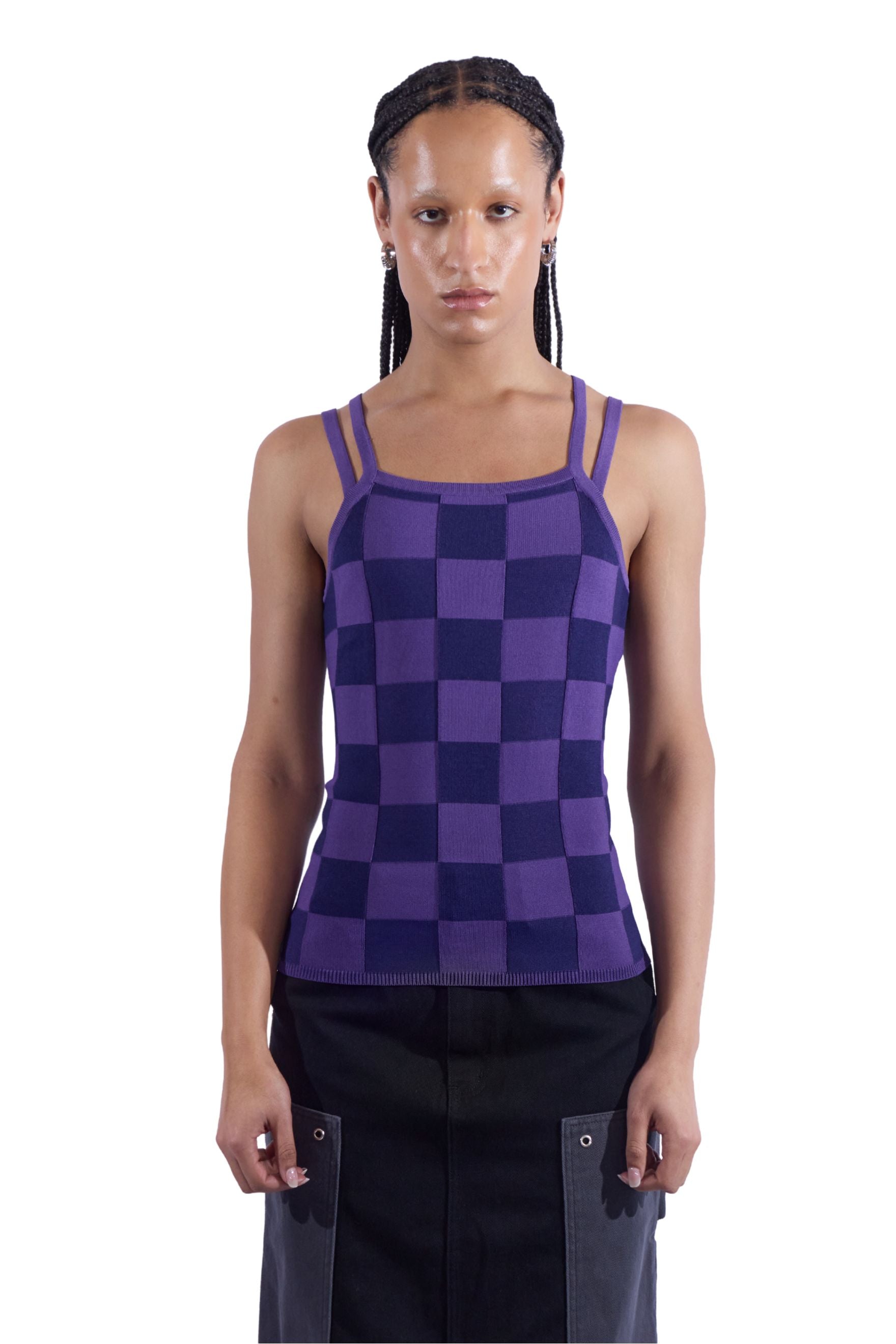 Checkered Knit Double Strap Tank