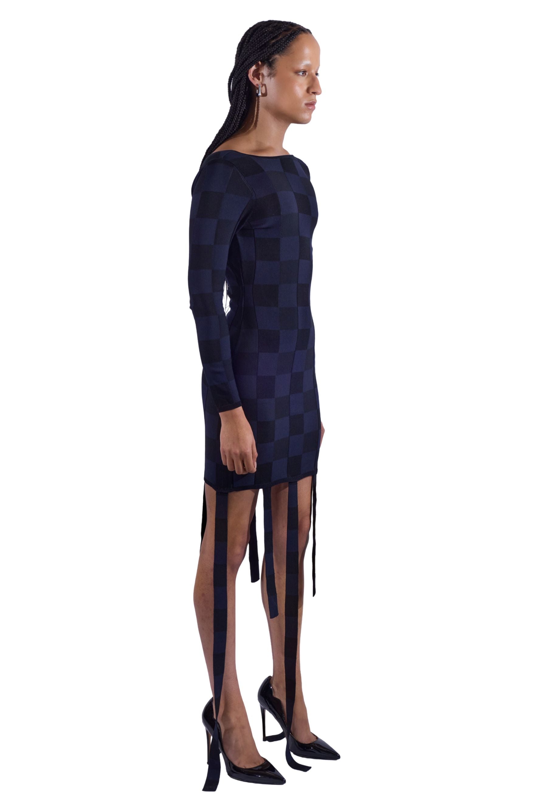 Checkered Knit Fringe Dress