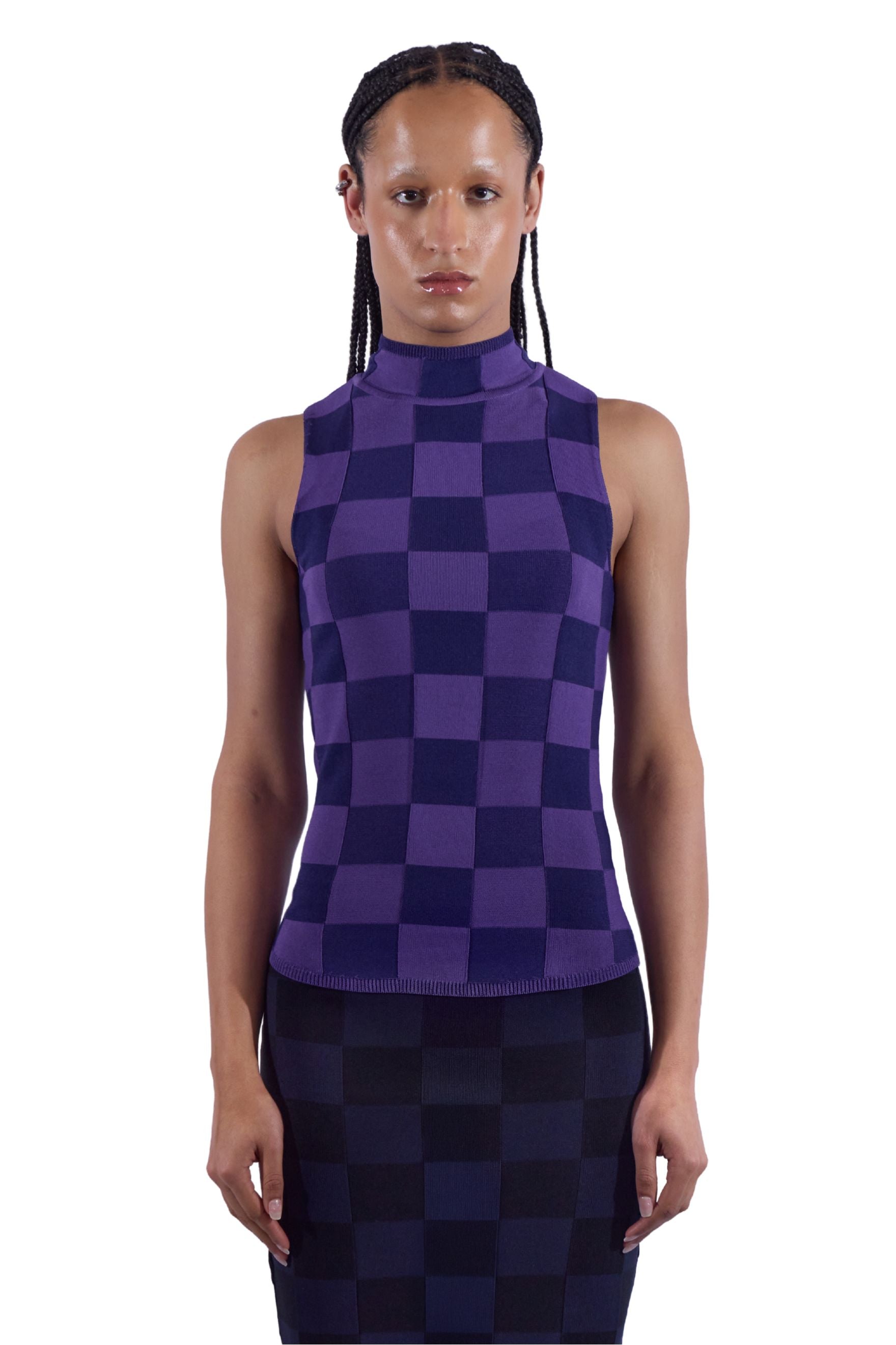 Checkered Knit Mock Neck Top
