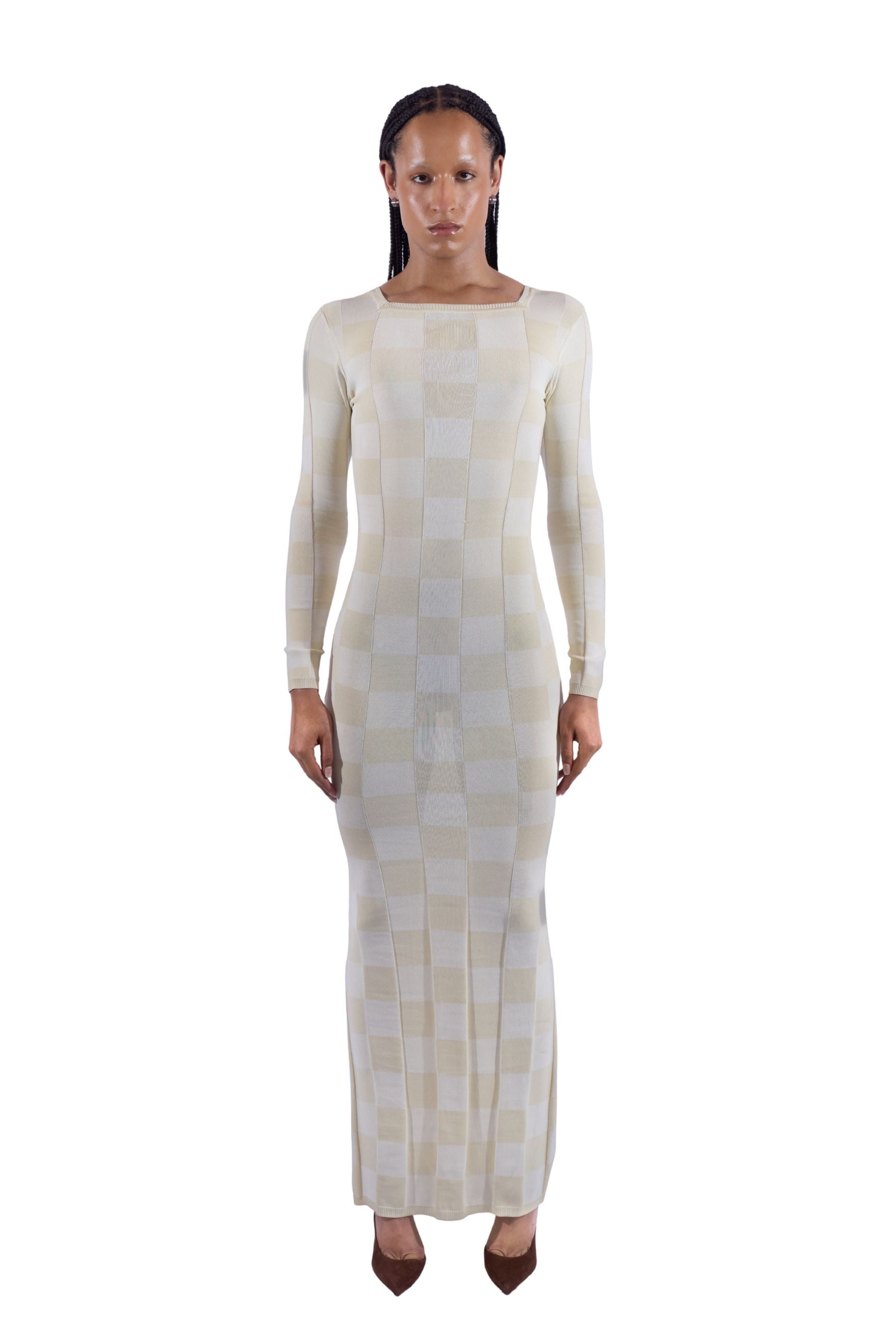 Checkered Long Sleeve Knit Gown