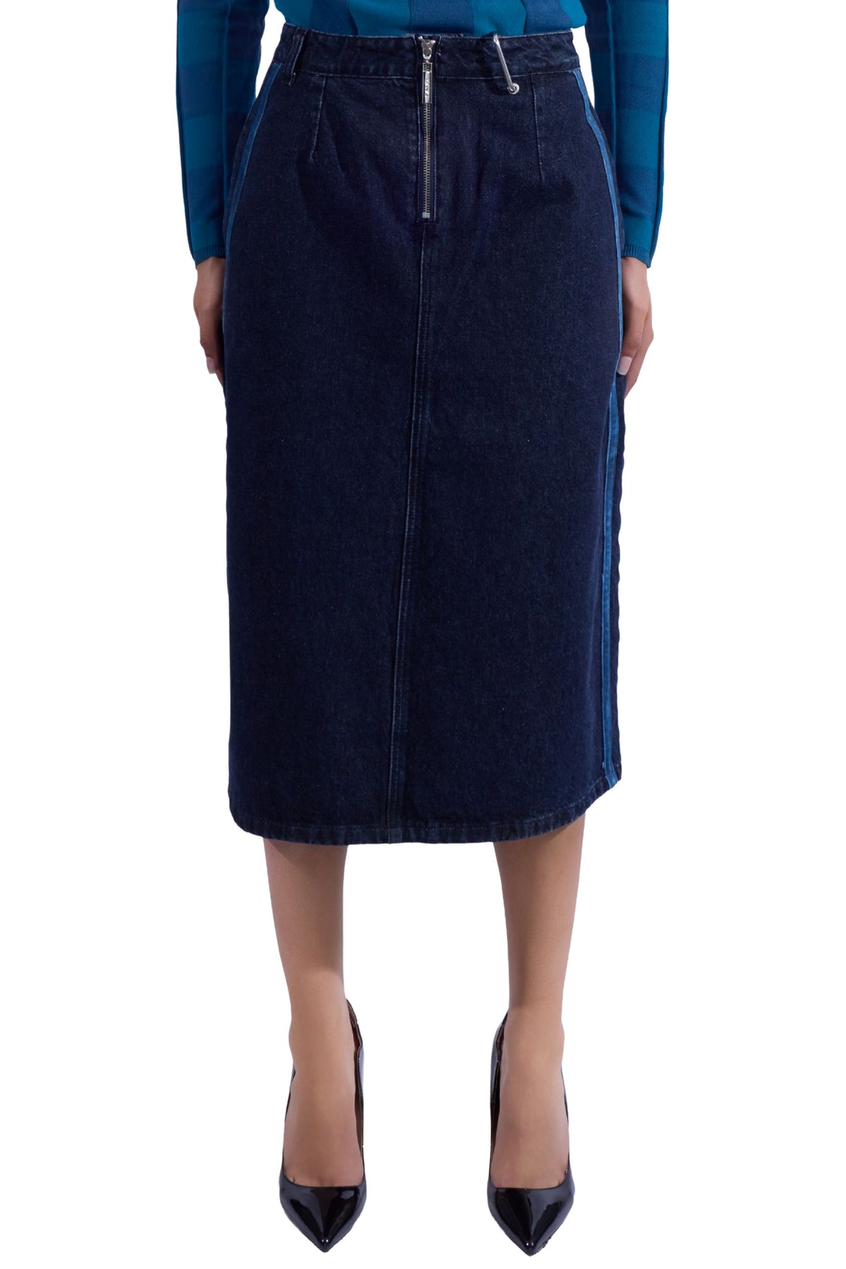 Double Stripe Denim Midi Skirt