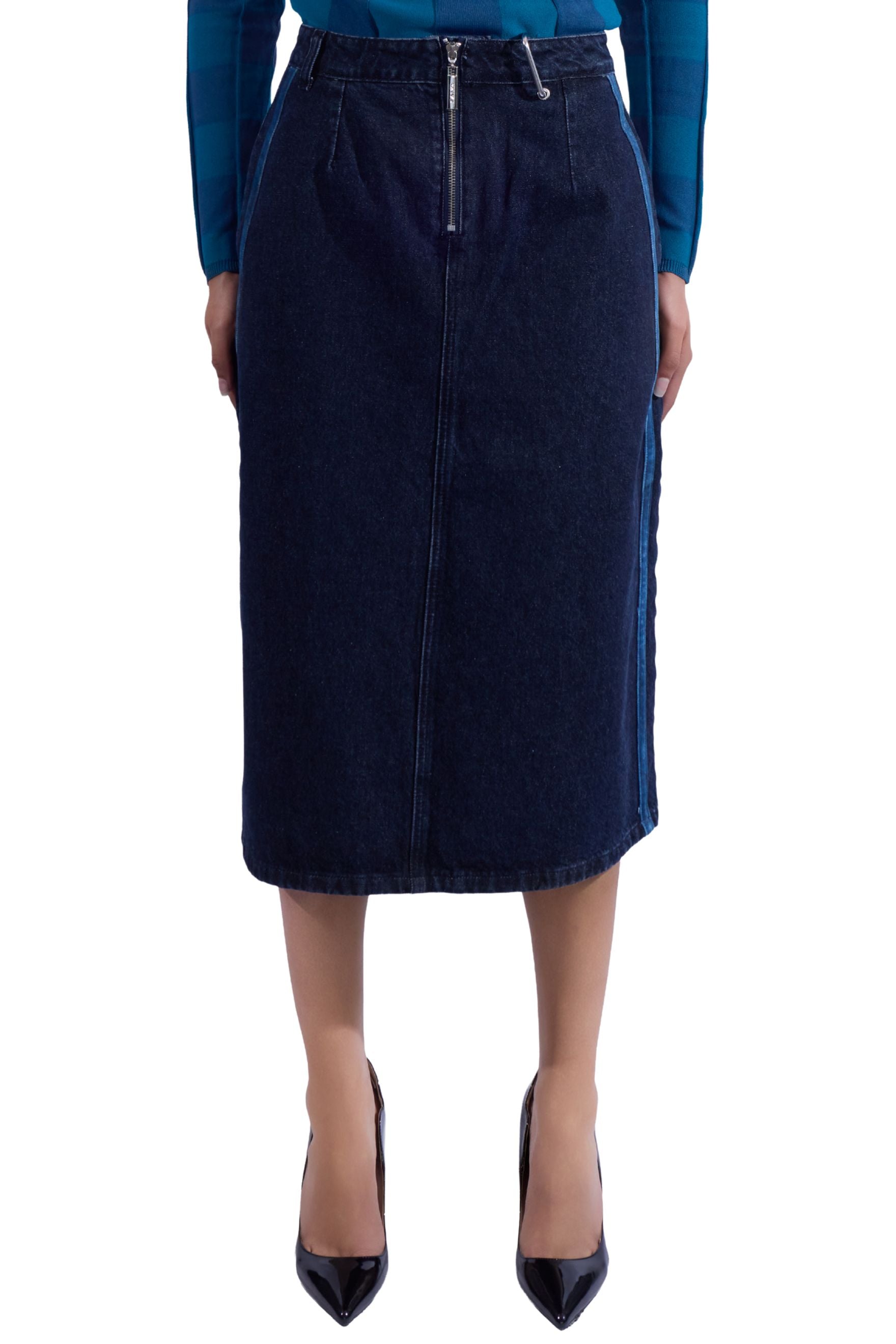 Double Stripe Denim Midi Skirt