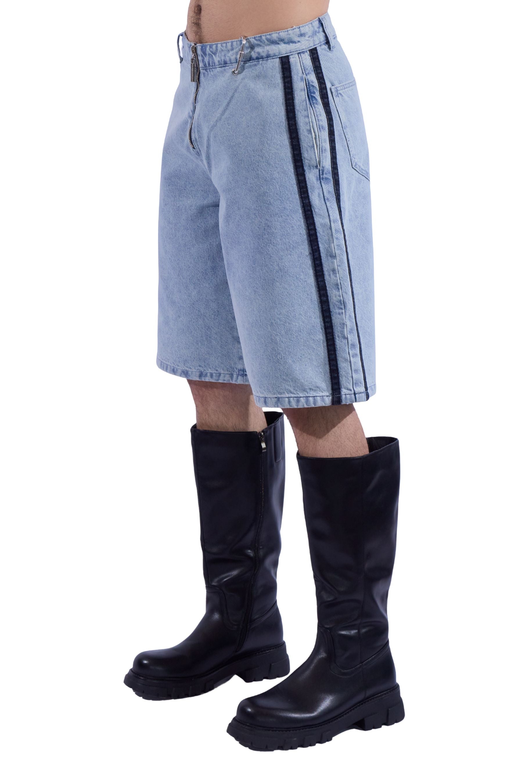 Double Stripe Denim Wide Leg Shorts