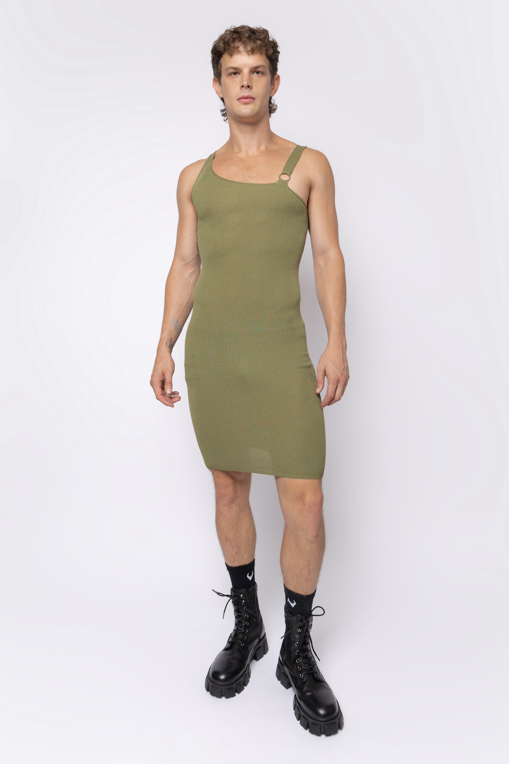 One Shoulder Knit Dress Olive