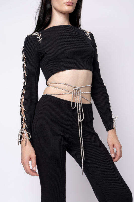 Pointelle Square Neck Short Sleeve Tie Back Sweater Crop Top - China Crop  Top Manufacturers and Black Crop Top price