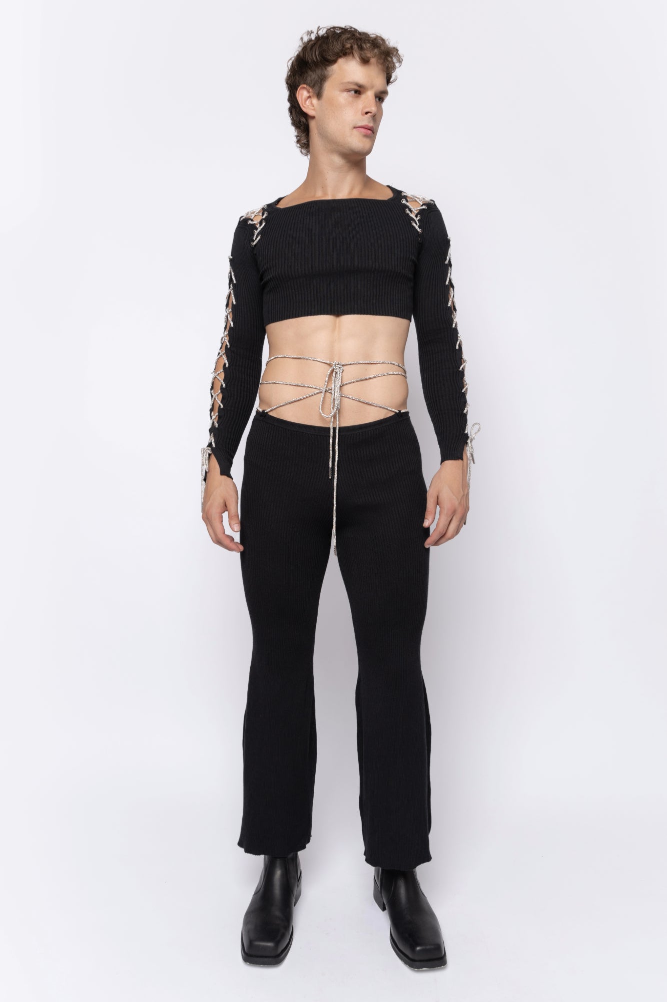 Rhinestone Lace Up Cropped Long Sleeve